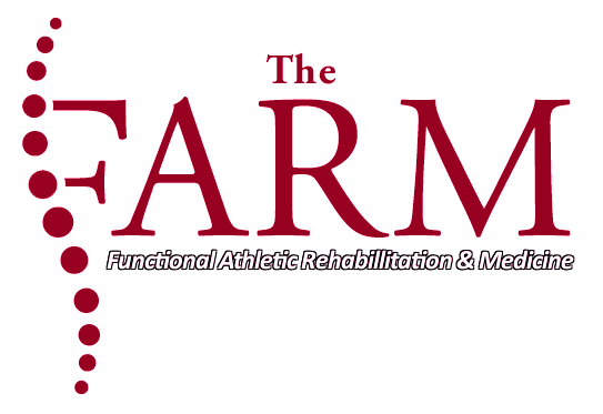 Logo for The F.A.R.M. with the tagline 'Functional Athletic Rehabilitation & Medicine', featuring a vertical row of maroon dots to the left of the text.