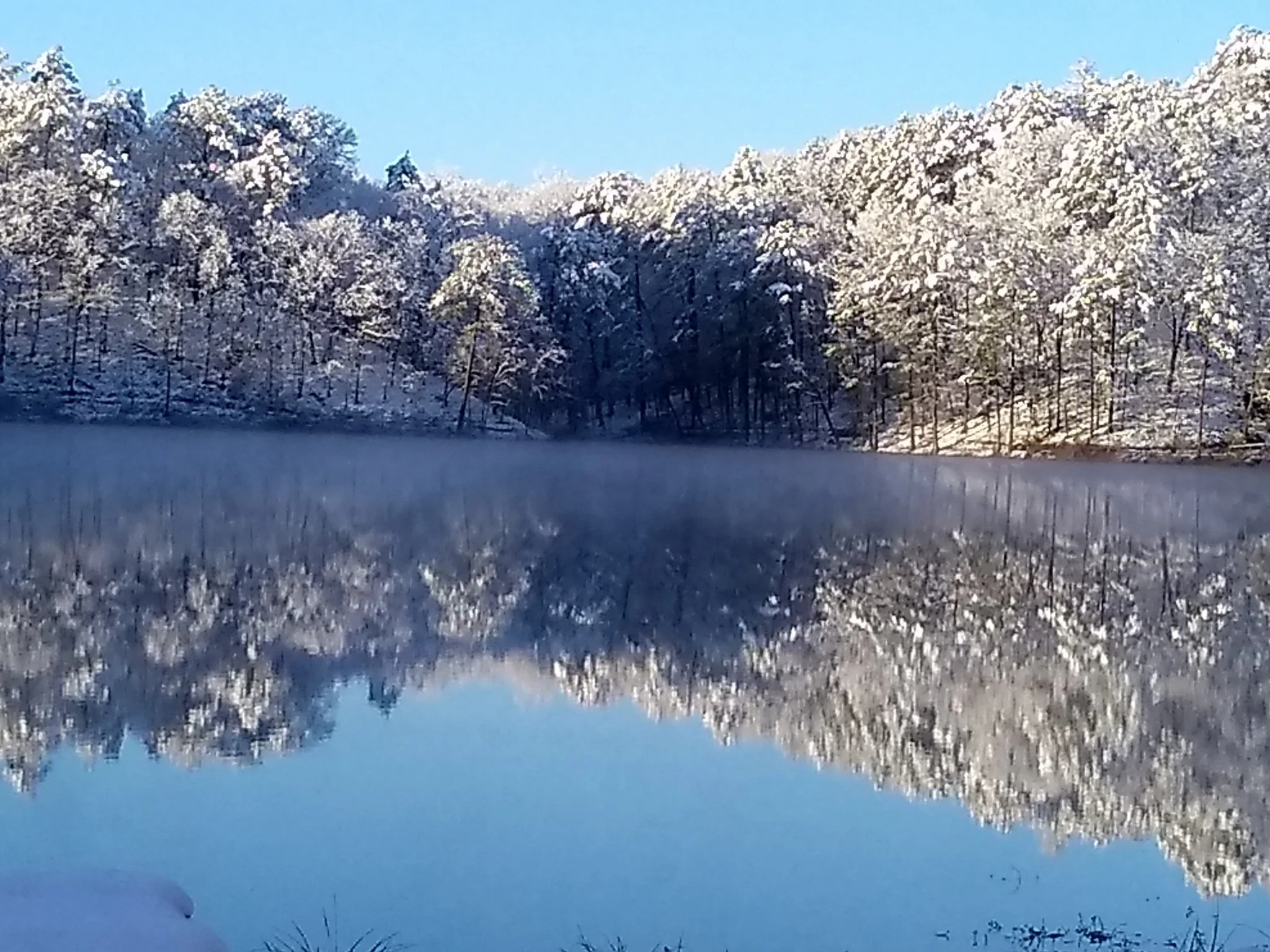 Snow-covered trees encircle a calm lake reflecting the winter landscape under a clear blue sky.