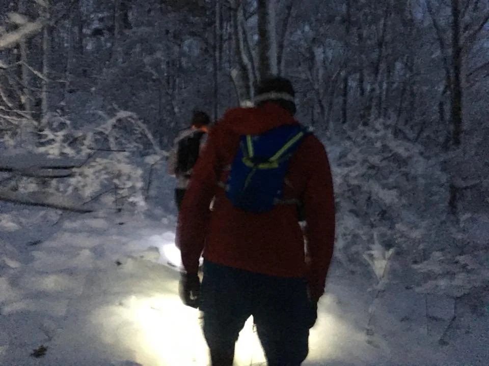 People hiking in a snowy forest at night with flashlights.