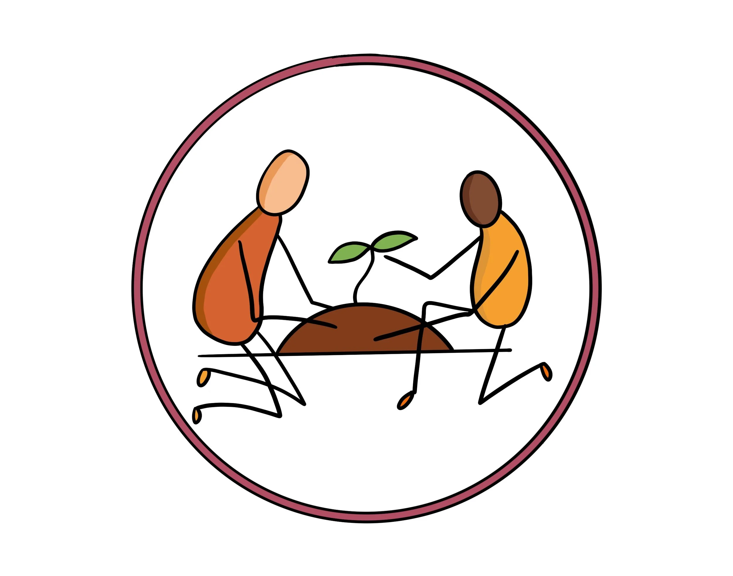 Two simplified human figures holding a small plant with leaves, surrounded by a circular border.