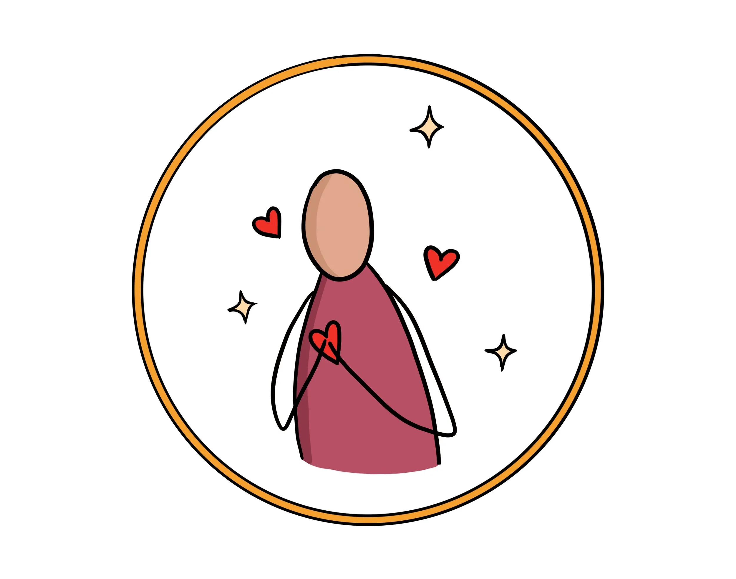 A simple illustration of a person with a bald head, wearing a pink dress, surrounded by small red hearts and sparkling stars inside a circular border.