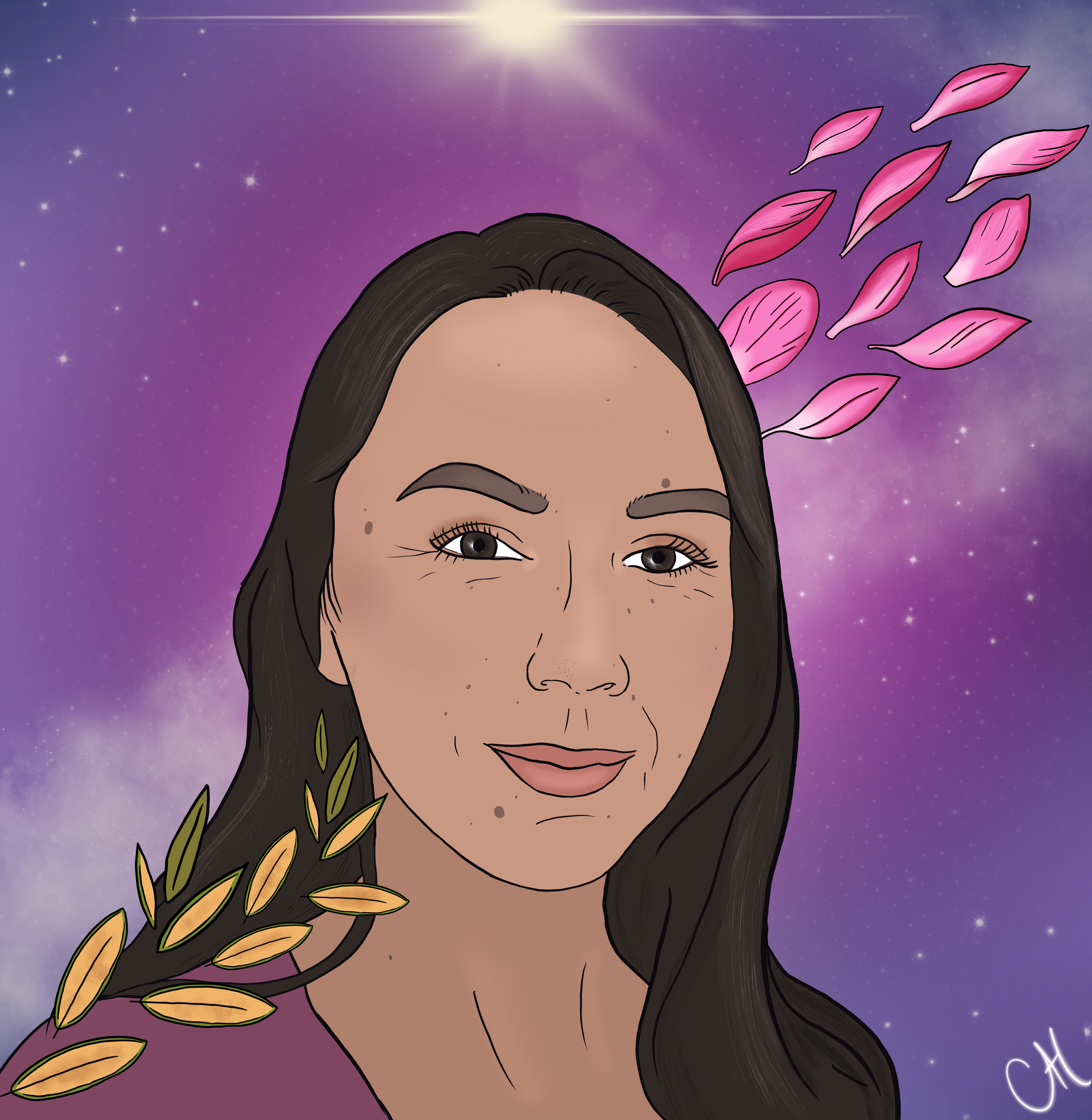 Digital illustration of a woman with long dark hair, smiling slightly, set against a starry purple night sky with a bright star or sun at the top. Pink leaves or feathers appear to float near her head, some with greenish-yellow tips, giving an ethereal and celestial vibe.