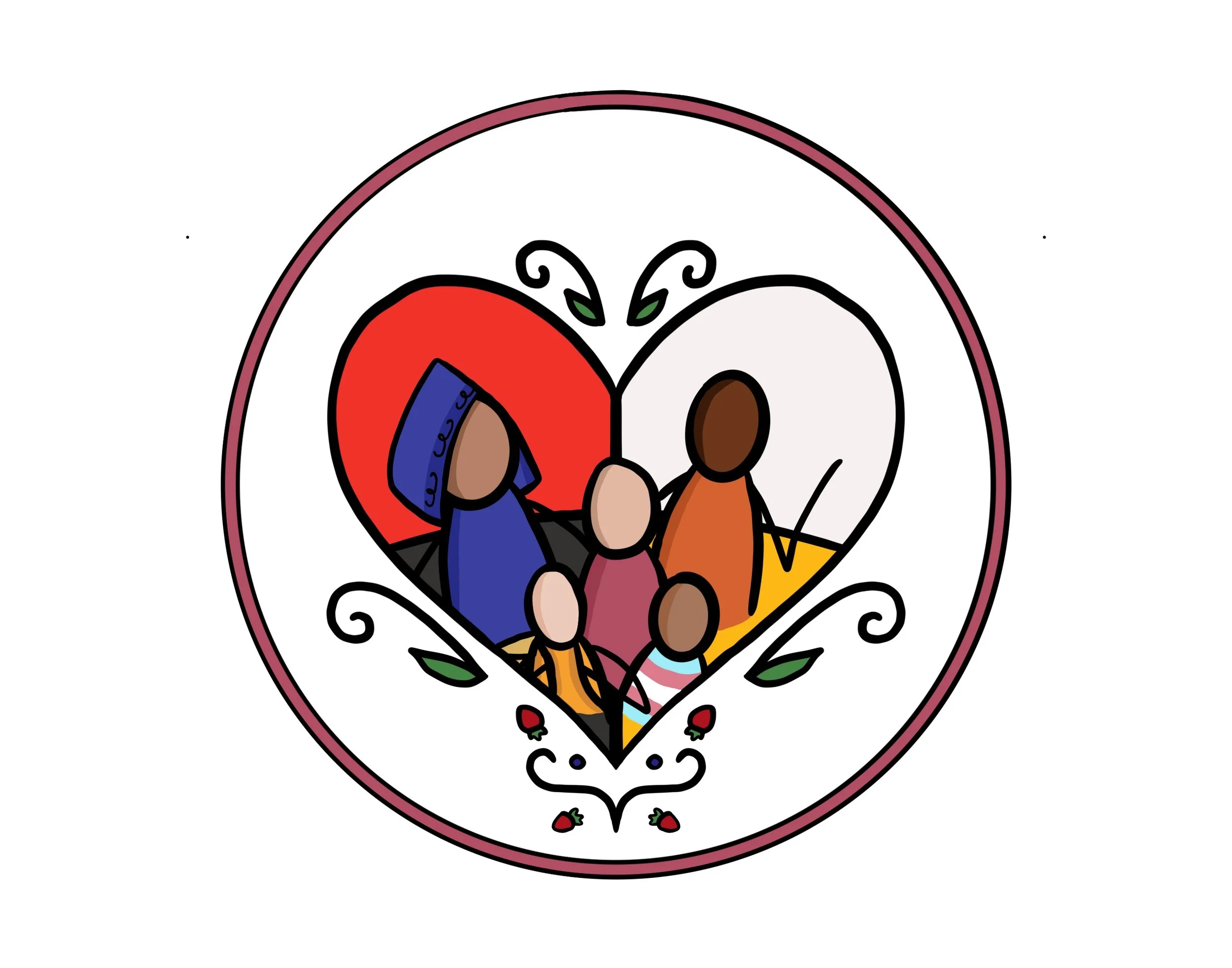 A colorful illustration of a heart-shaped design featuring three children standing inside it, with decorative elements like leaves and small flowers around.