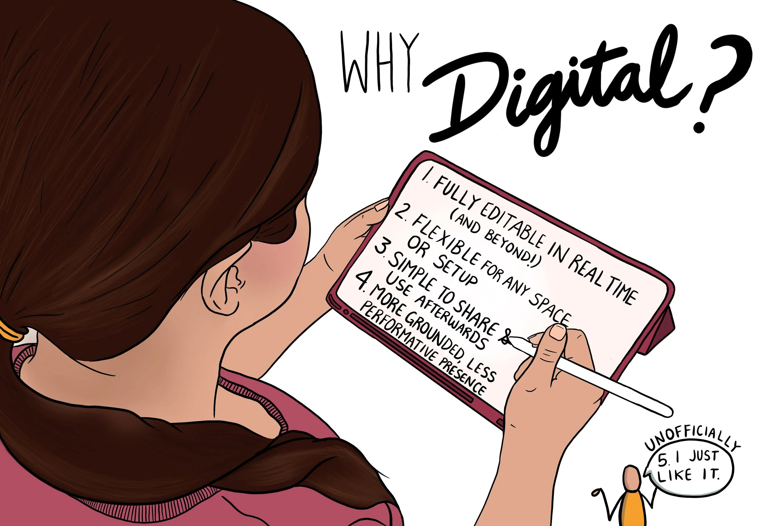 A woman with long brown hair is looking at a phone with a list that includes benefits of digital editing, such as being fully editable in real-time, flexible for any space or setup, simple to share and use afterward, and more realistic performance. Another person, partially visible, is holding another phone with a messagereading, 'I officially just like it.'
