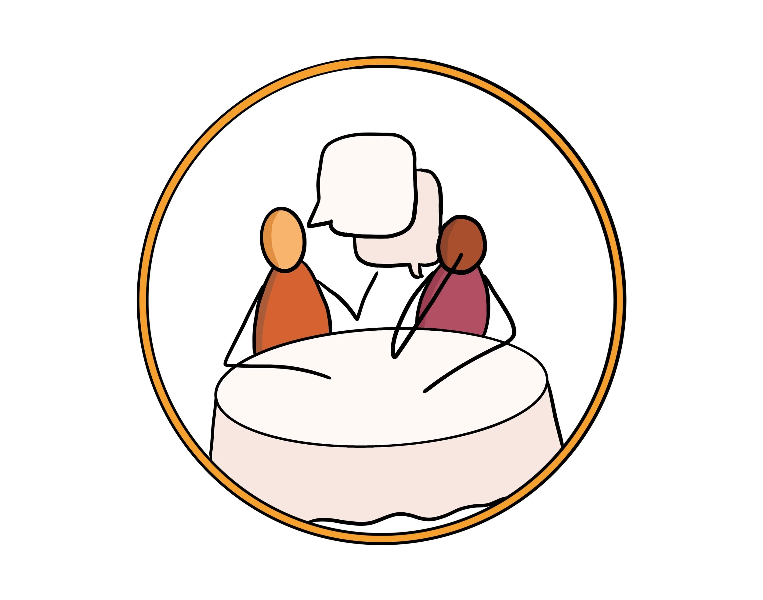 Drawing of three people sitting around a table, with a speech bubble above them, inside an orange circle.