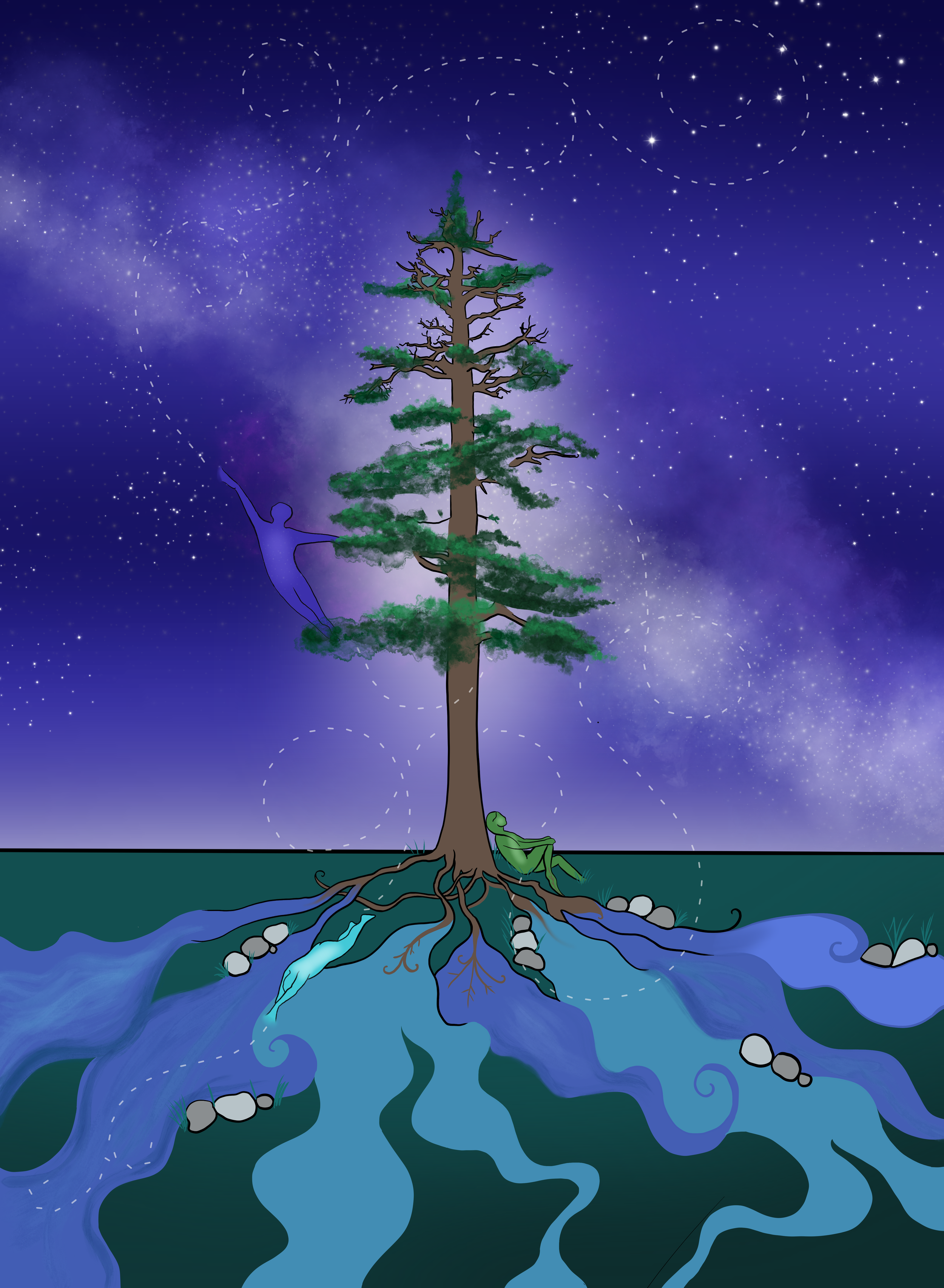 Illustration of a large tree with roots extending into water, a person sitting at the base, and a starry night sky with a streak across it.