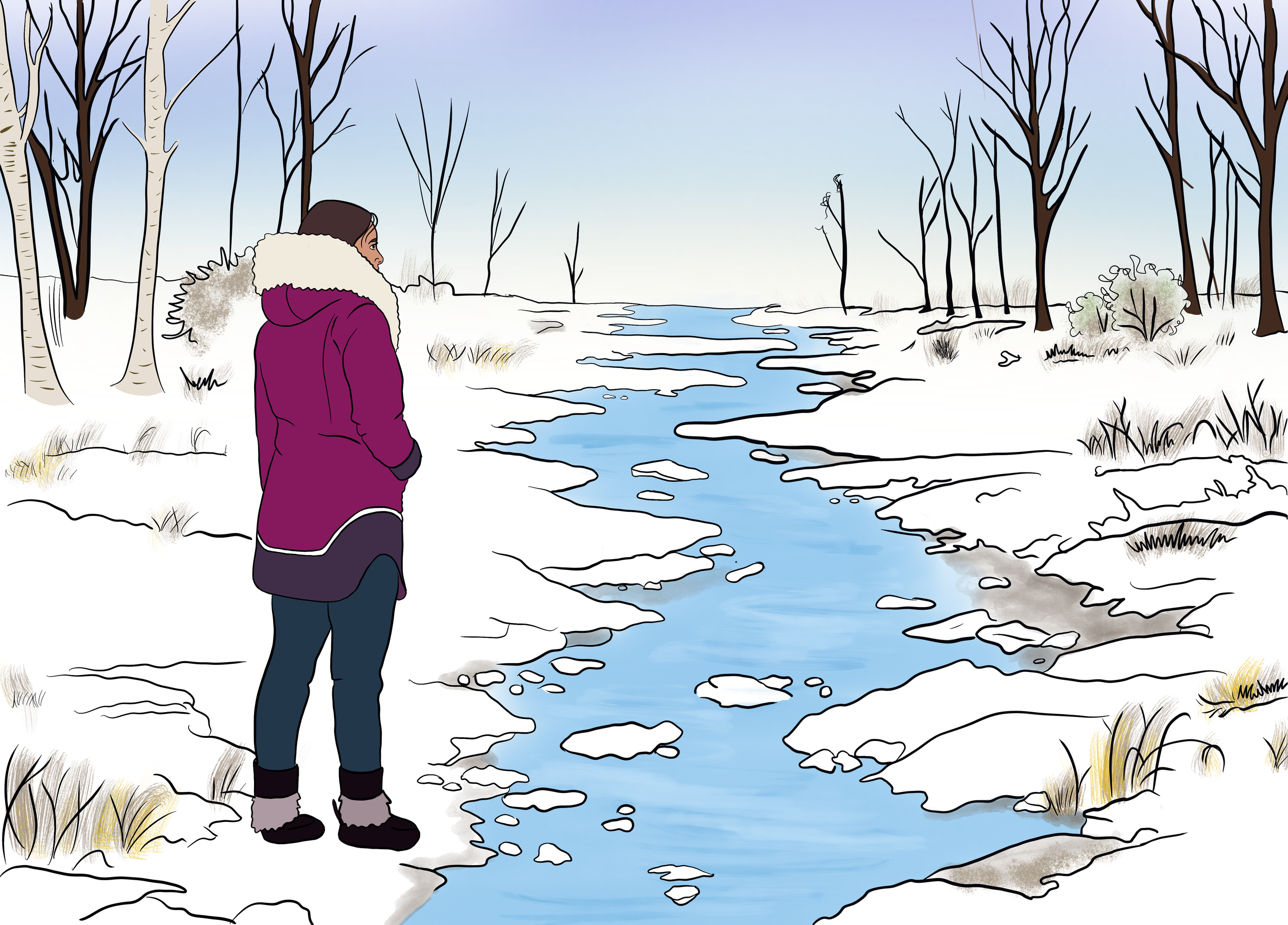 A woman wearing a purple winter coat with a fur-lined hood, standing by a partially frozen stream in a winter landscape with snow-covered ground and leafless trees.