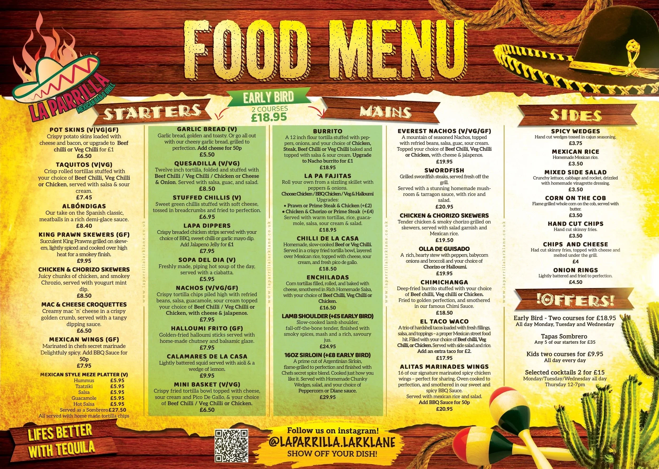 Colorful food menu with a Mexican theme, featuring sections for starters, mains, sides, and offers. The menu includes dishes like pot skins, tacos, jalapeño dips, nachos, burritos, fajitas, and seafood. The background has a wooden texture, with decor