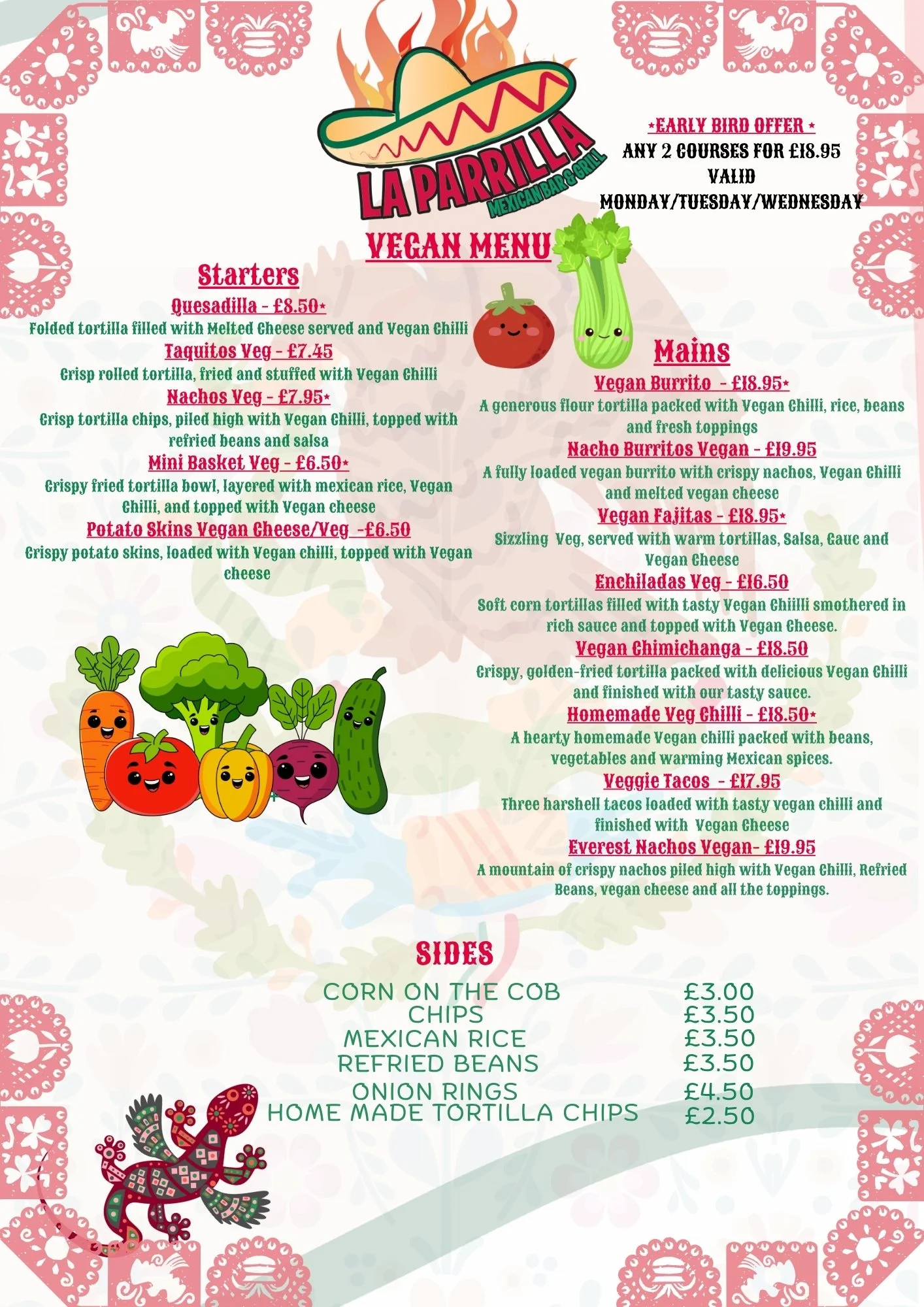 Mexican restaurant menu with colorful illustrations of vegetables and a dancing chili, featuring vegan and vegetarian dishes, prices, and decorative border with traditional papel picado motifs.