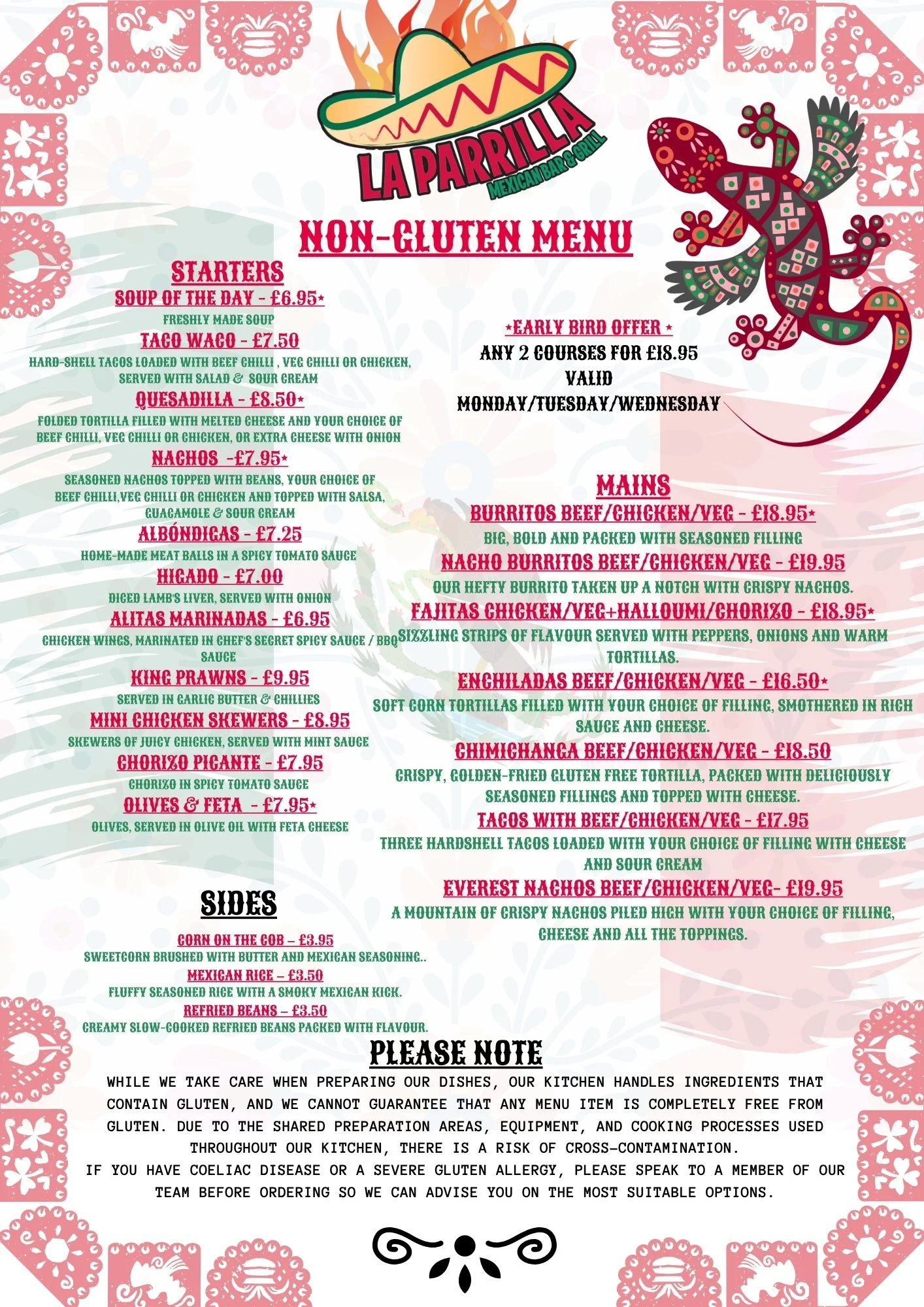 A menu from La Parrilla Mexican Bar & Grill featuring non-gluten options, main dishes, sides, and a note about gluten allergies. The menu has a Mexican-themed design with decorative border patterns, a colorful lizard illustration, and a large sombrer