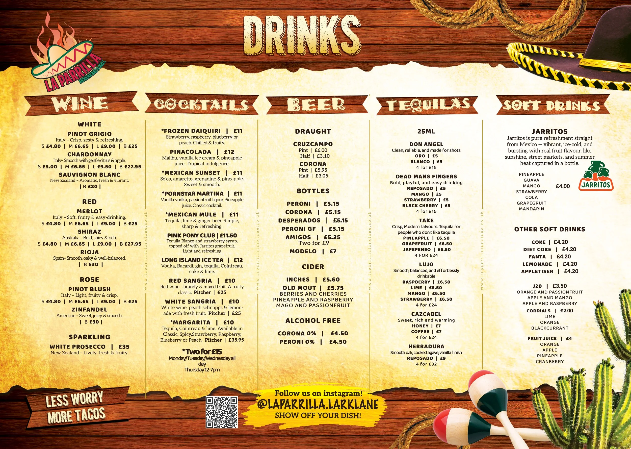 Menu of drinks from La Parrilla Mexican Bar and Grill, featuring wine, cocktails, beer, tequila, soft drinks, and other beverages. The menu includes items like white wine, pinot grigio, chardonnay, sauvignon blanc, red wine, merlot, shiraz, Rioja, ro