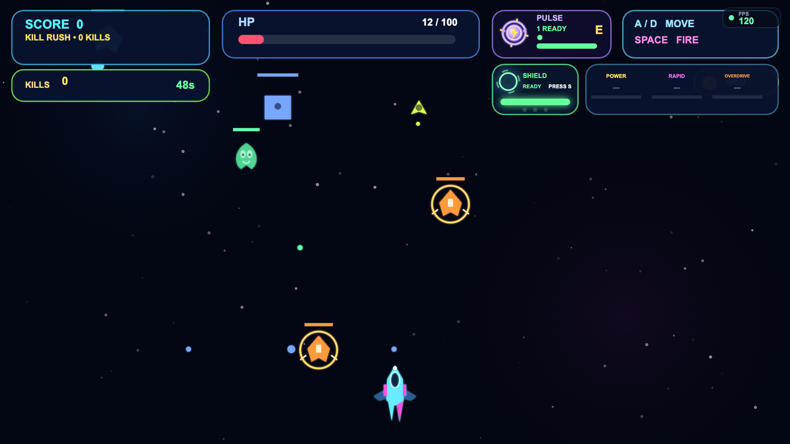 Screenshot of a space-themed arcade game with a spaceship at the bottom, enemy ships, score and status bars, and various game indicators on a dark starry background.