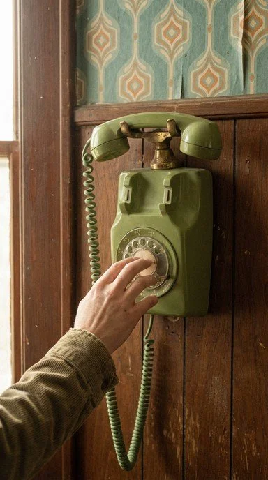 A person dialing an old-fashioned green rotary phone mounted on a wooden wall.