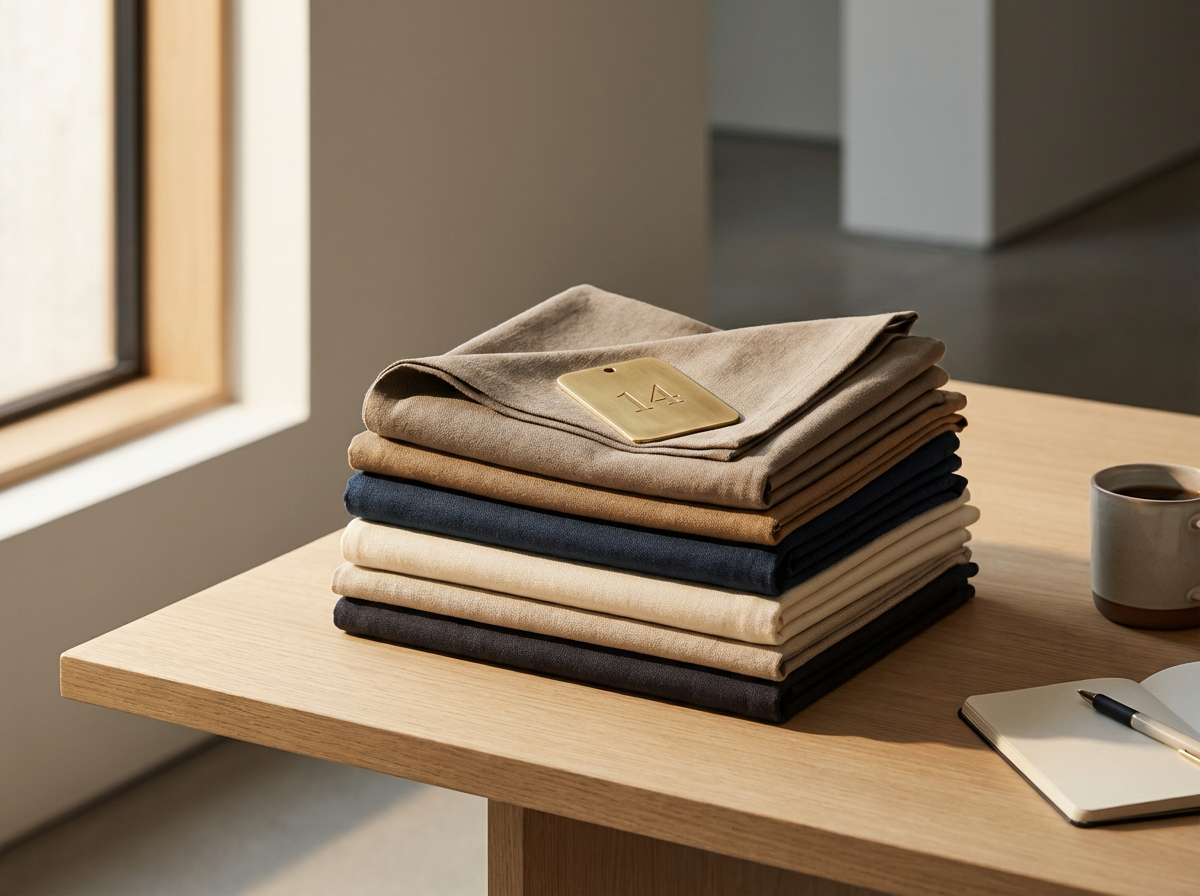 Stack of neatly folded neutral-colored shirts with a brass table number plate on top, placed on a light wooden table with a cup of coffee, a notebook, and a pen, near a window with natural light.
