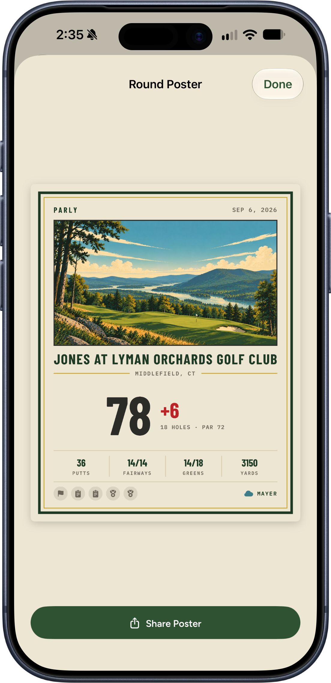 Golf course poster titled "Jones at Lyman Orchards Golf Club" showing a landscape with mountains, trees, and a river, dated September 6, 2026, with scoring details for 18 holes including total strokes, fairways, greens, and yards, created by Mayer.