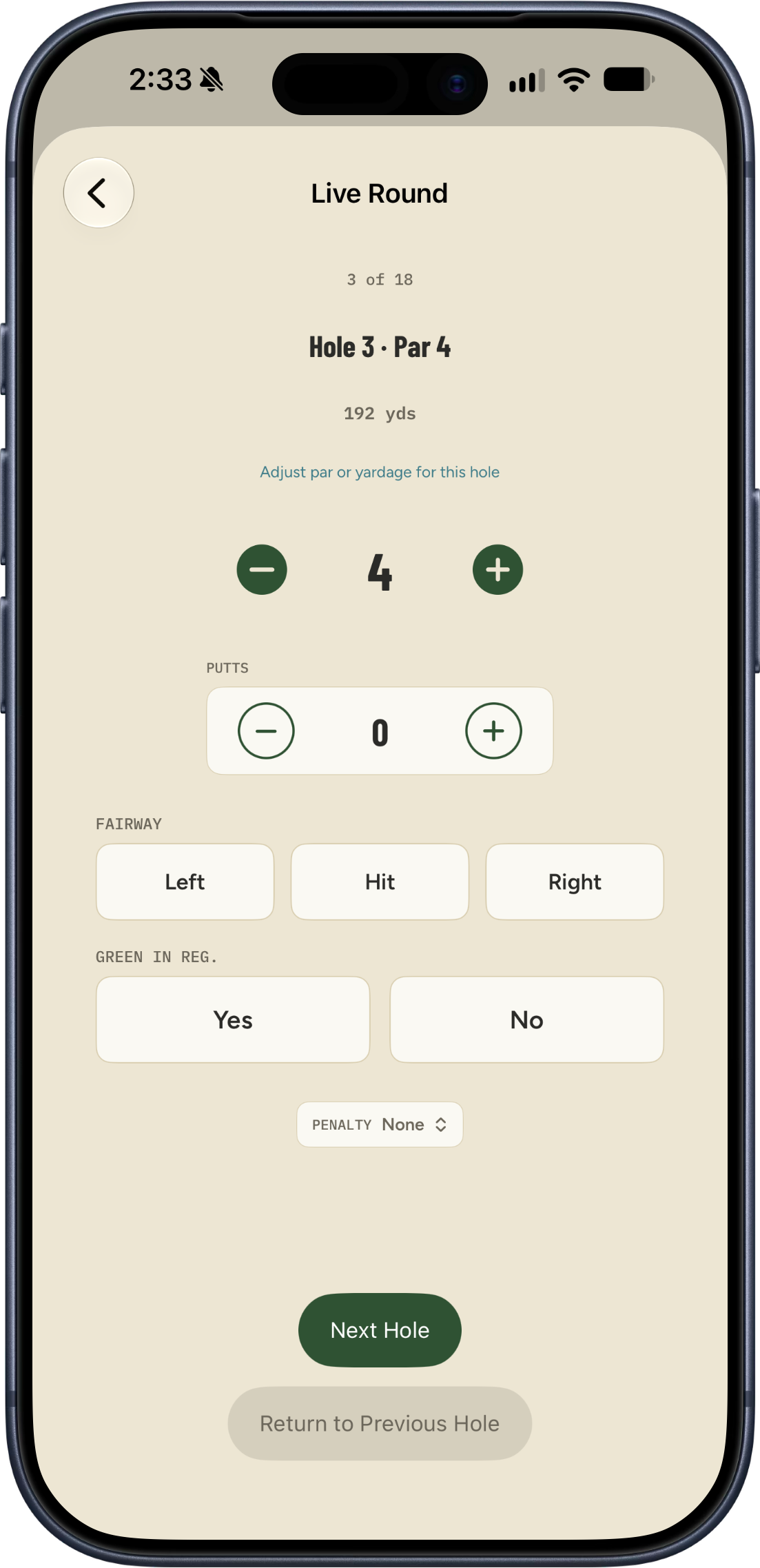 A golf scorecard on a mobile phone screen showing details for hole 3, a par 4 hole, including distance, scores, and options for fairway, green in regulation, and penalties.