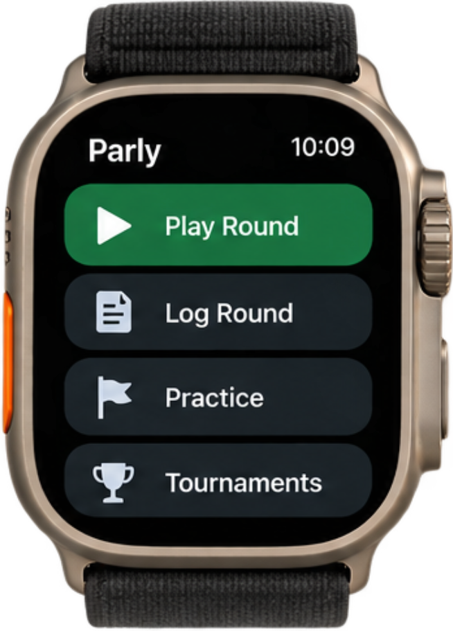 Apple Watch screen displaying a golf app menu with options: Play Round, Log Round, Practice, Tournaments.