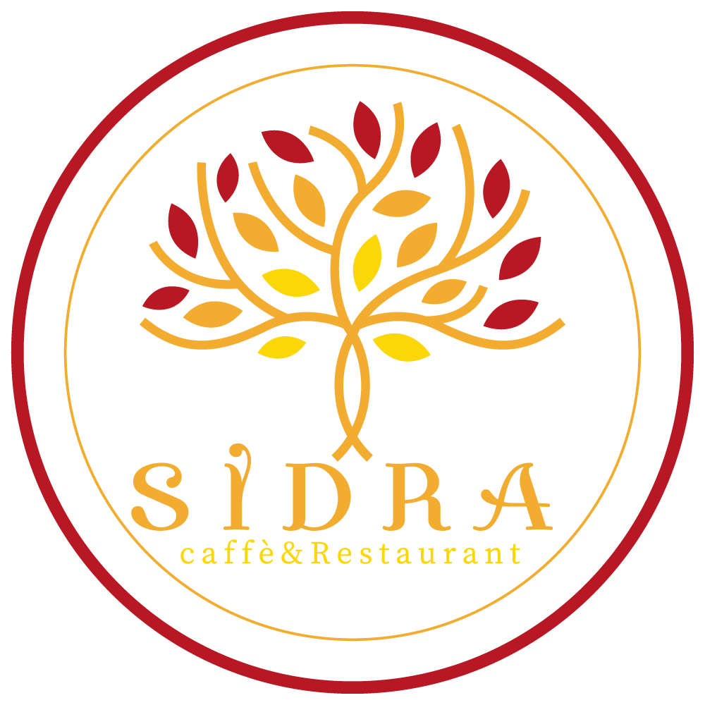 Logo for SIDRA café & restaurant featuring a stylized tree with red and yellow leaves on a black background, with the name 'SIDRA' and 'caffè & Restaurant' below.