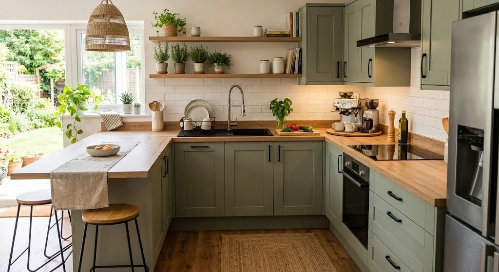 Modern kitchen with green cabinets, wooden countertops, open shelves with potted plants, a large window with a garden view, and various kitchen appliances and accessories.