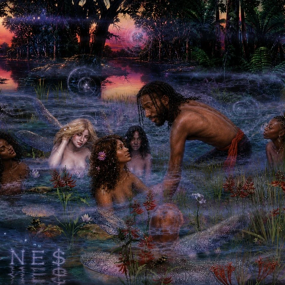 Shallow by NeedEvryStak cover art. A recreation of the "Hylas and the Nymphs" painting. Scene features a man surrounded by women in a mystical jungle environment with glowing plants, insects, and magical orbs in the sky.