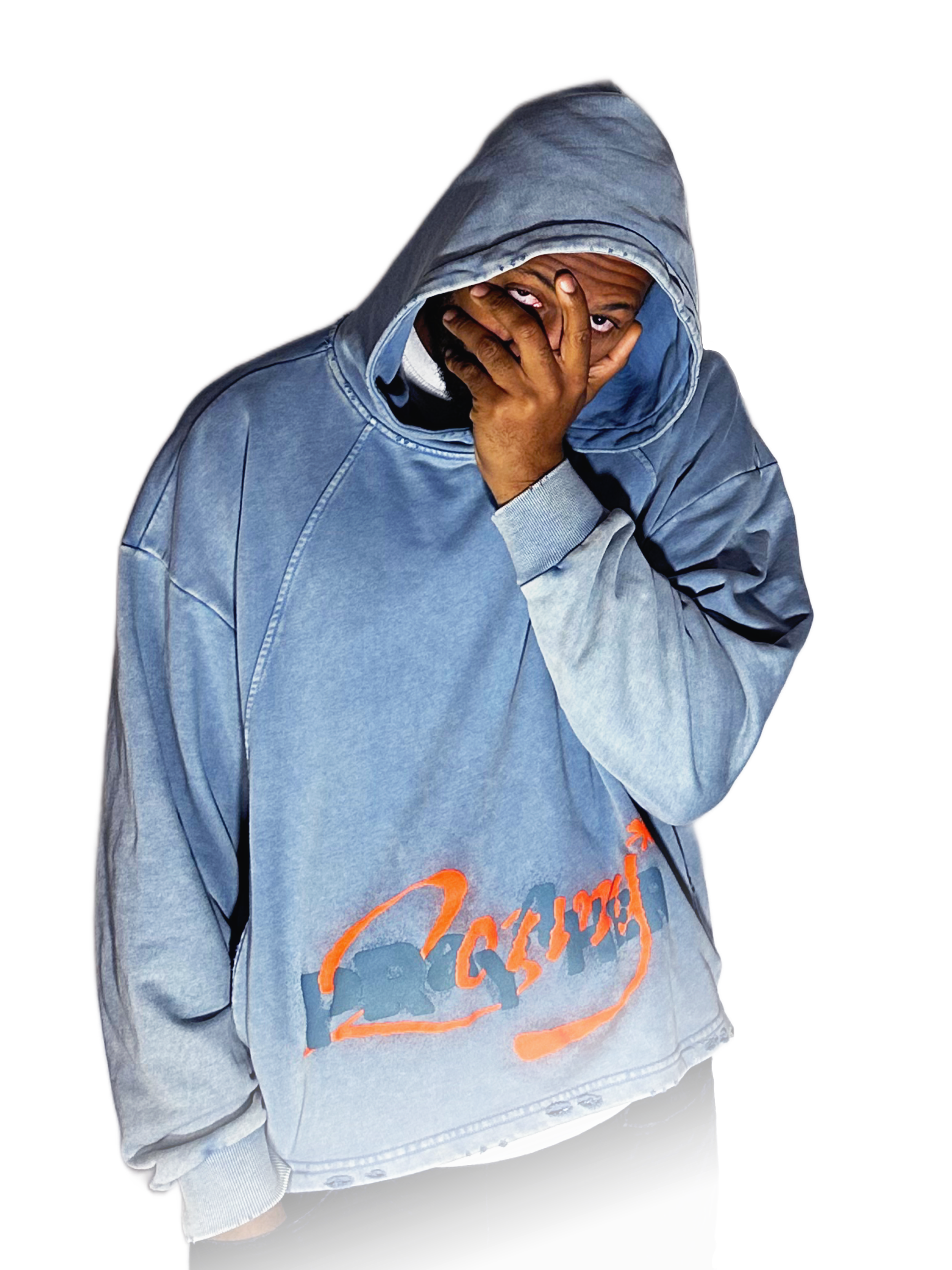 Brownskin man covering face weBrownskin man covering his face wearing blue Pray 4 Her Hoodie by the HARMMONEY brand