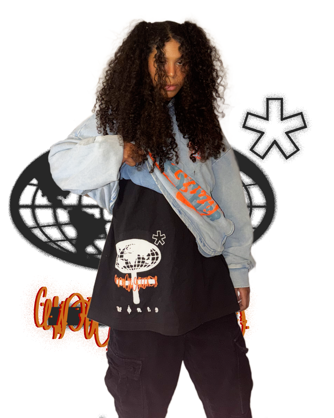 5'5" model wearing HARMMONEY* Pray 4 Her Hoodie over HARMMONEY* Black Woman's World t-shirt. Image features a globe graphic in front of a white background with black and orange graphic design elements.