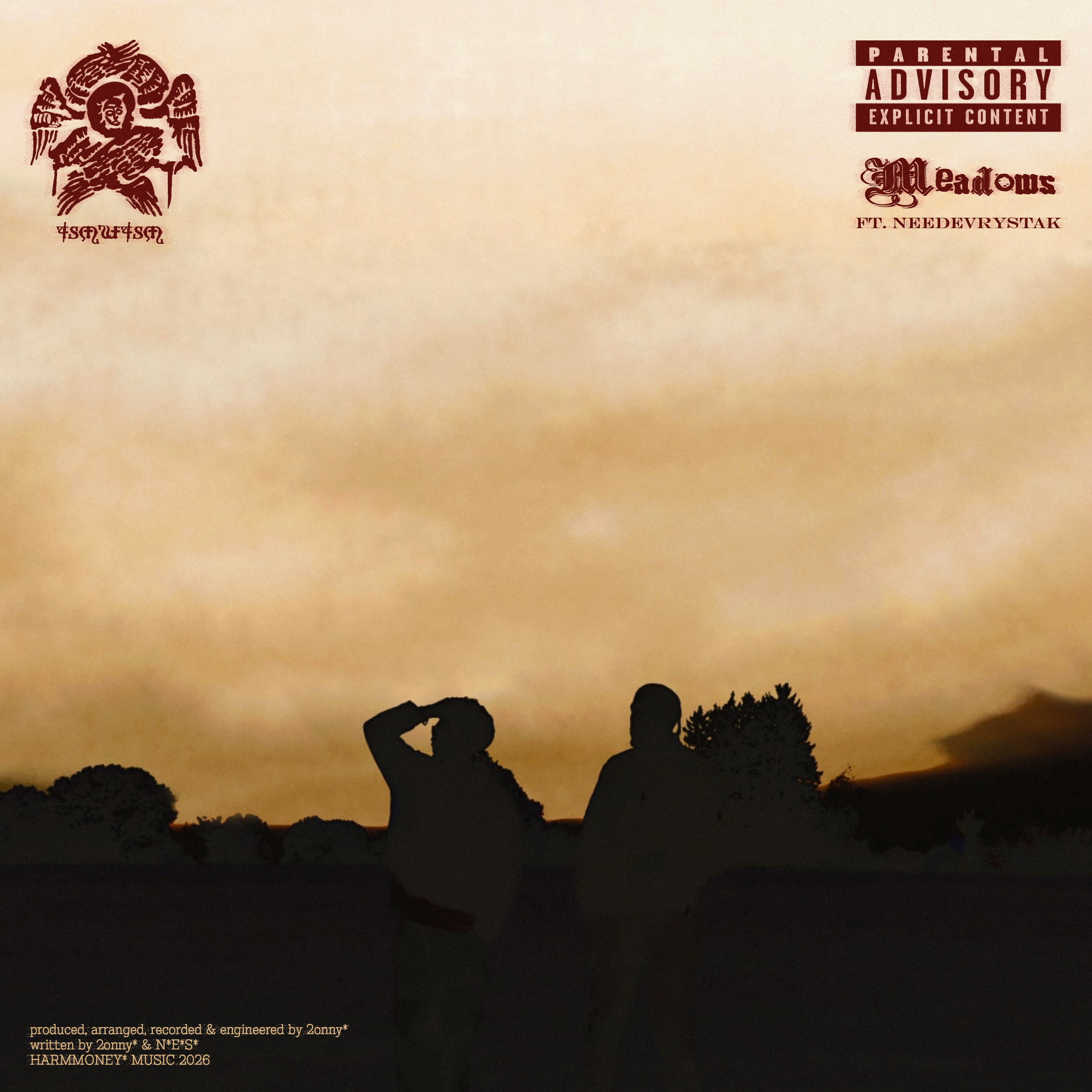 Silhouette of two people standing in front of a tan background with trees. Text at the top right reads 'PARENTAL ADVISORY EXPLICIT CONTENT' with song title 'Meadow' and text at the bottom left notes production credits by song artist 2onny*.