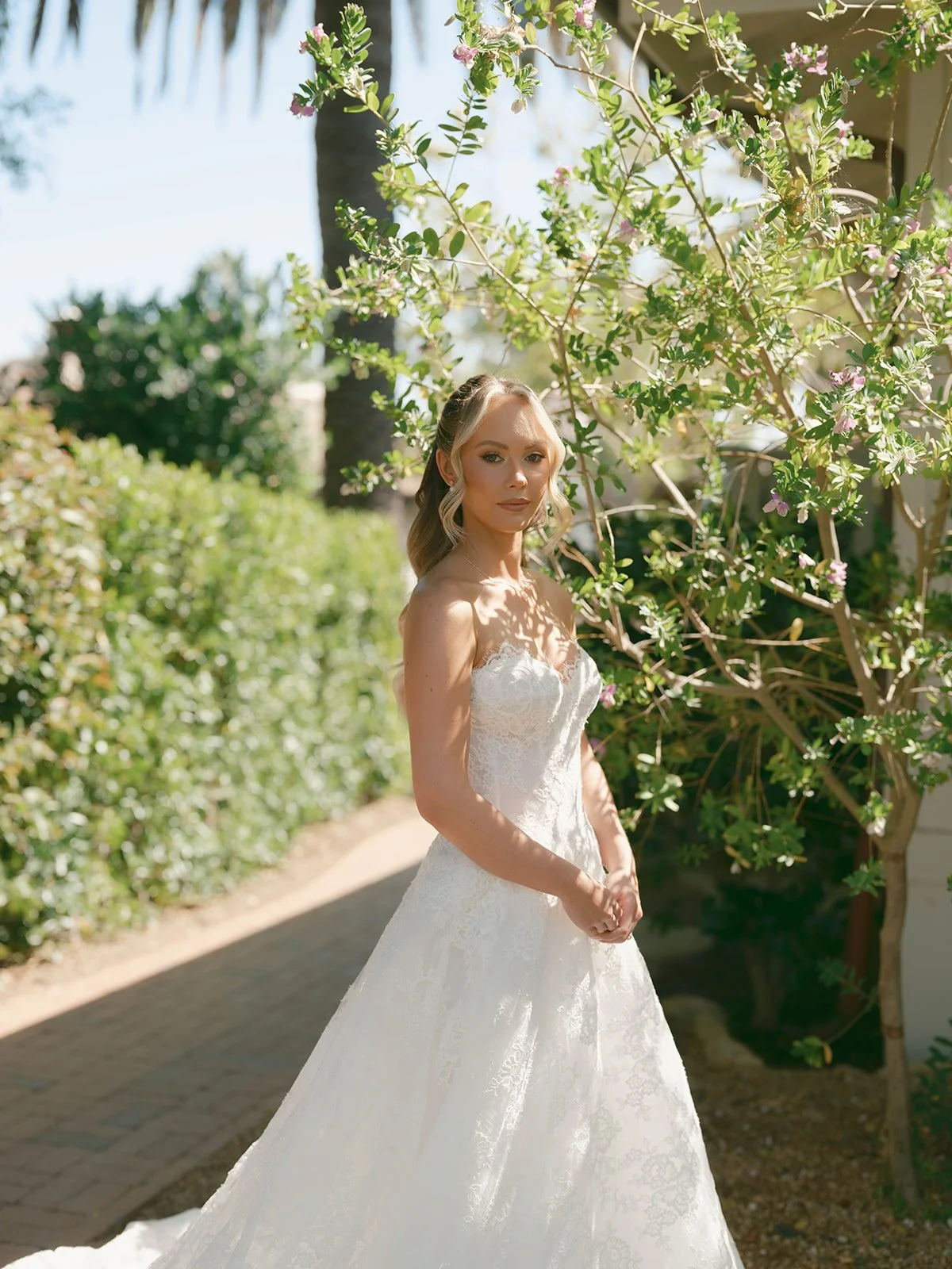 A bride in a white lace wedding gown standing outdoors, surrounded by greenery and flowering branches, with sunlight casting shadows on her face and dress.
