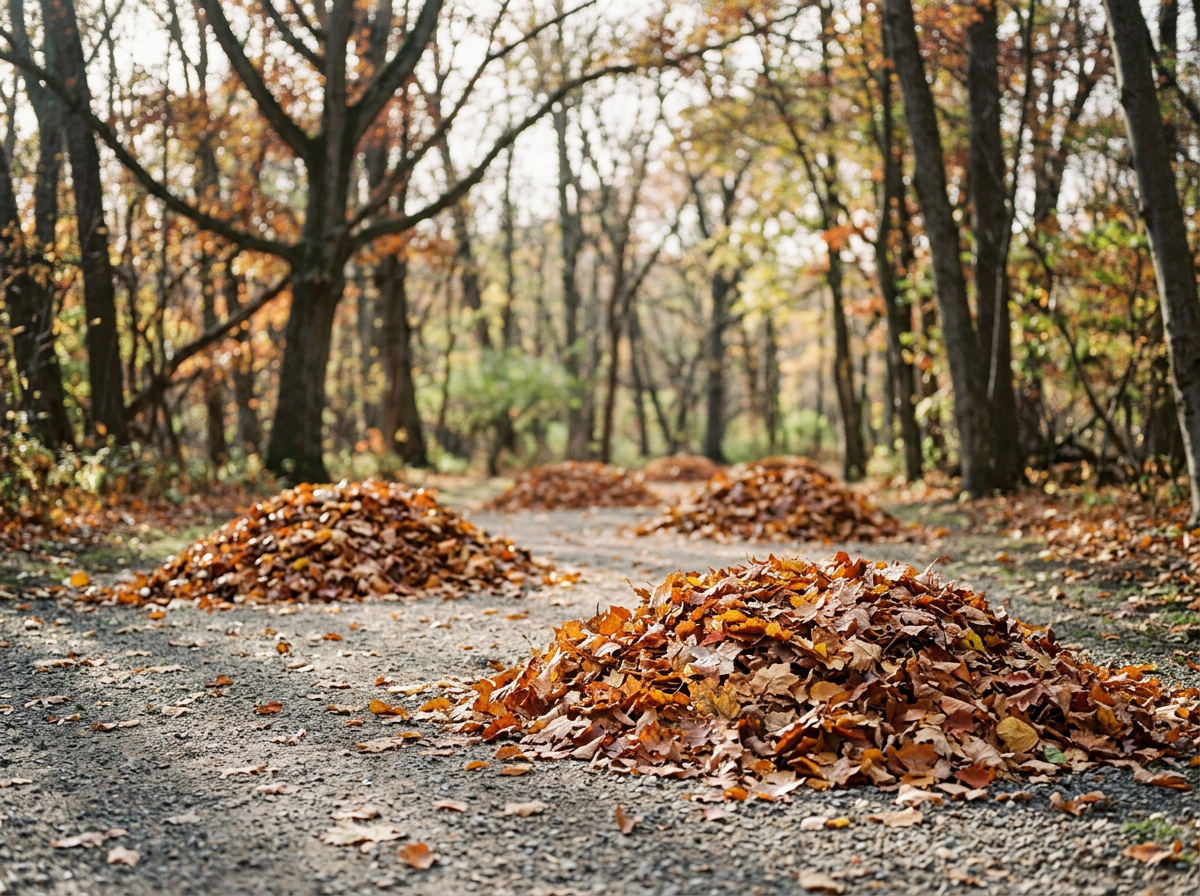 Autumn scene in a forest with multiple piles of fallen leaves on a dirt path.