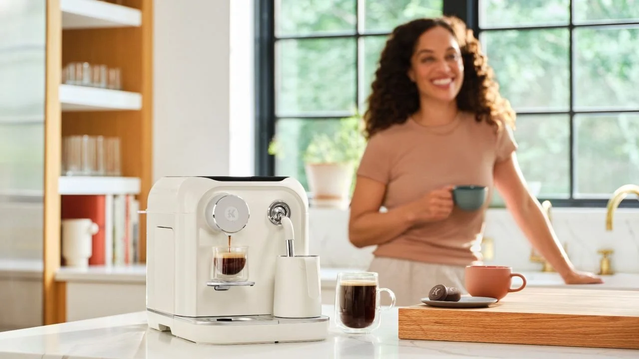 A woman with curly hair smiling in a kitchen, holding a mug, with a coffee machine and cups on the counter