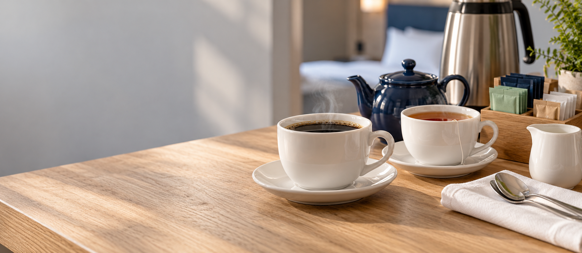 Two cups of coffee on a wooden table with a kettle, thermos, and a box of tea bags in a cozy setting.
