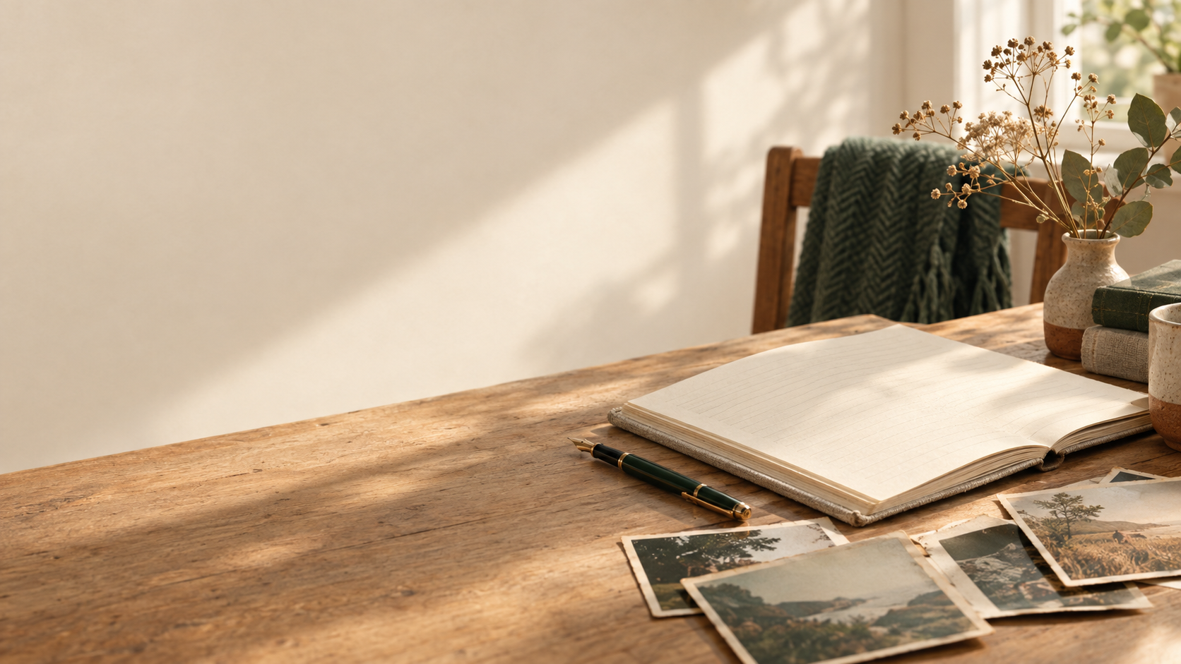 A wooden table with an open notebook, a fountain pen, and several printed photographs of landscapes. There are pottery vases with dried flowers and some books nearby, in a sunlit room.