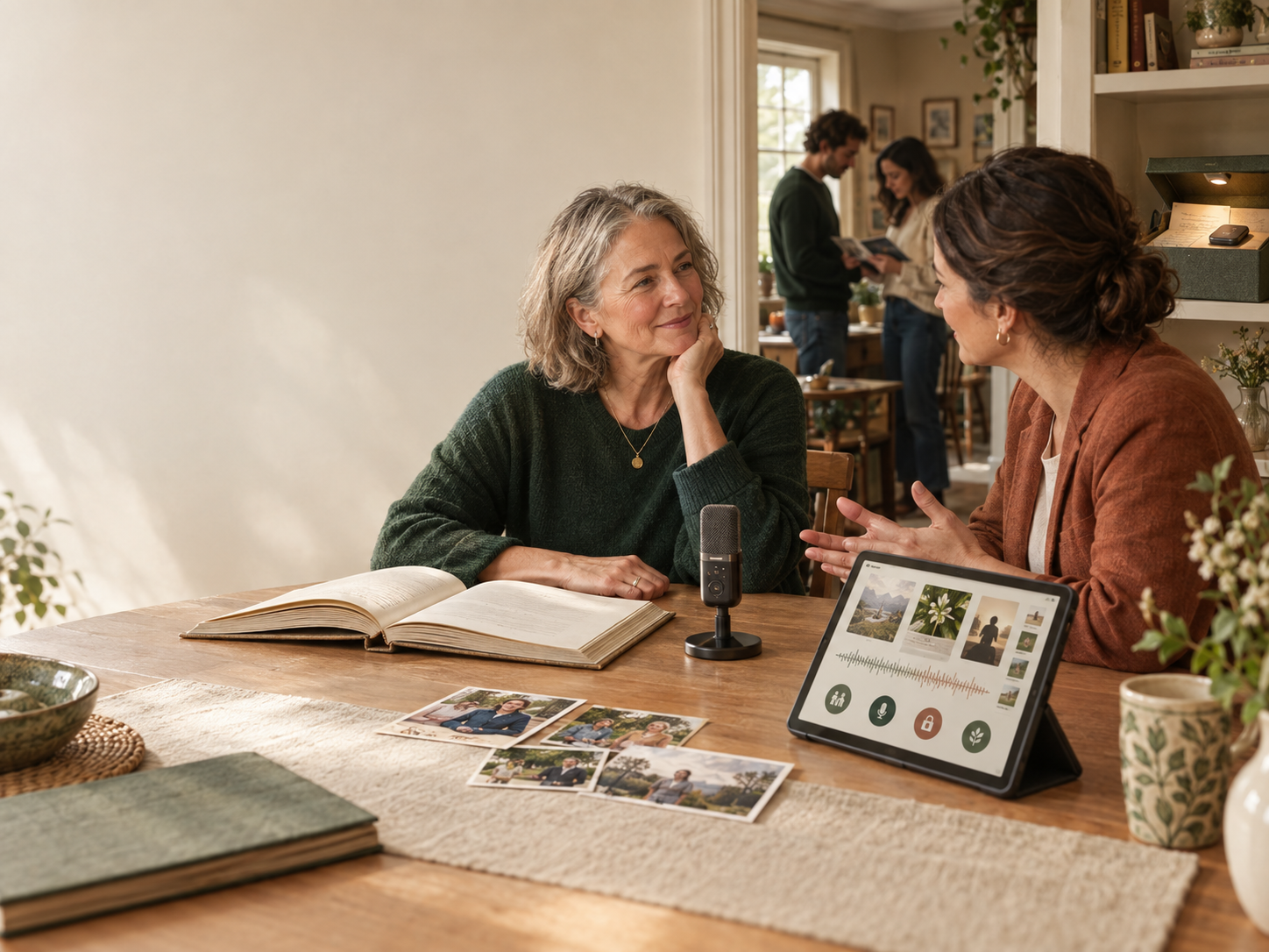 Two women sitting at a wooden table having a conversation, with a microphone, photographs, and a tablet recording or playing audio in front of them. A third person is visible in the background in a cozy, well-lit room with books and decor.