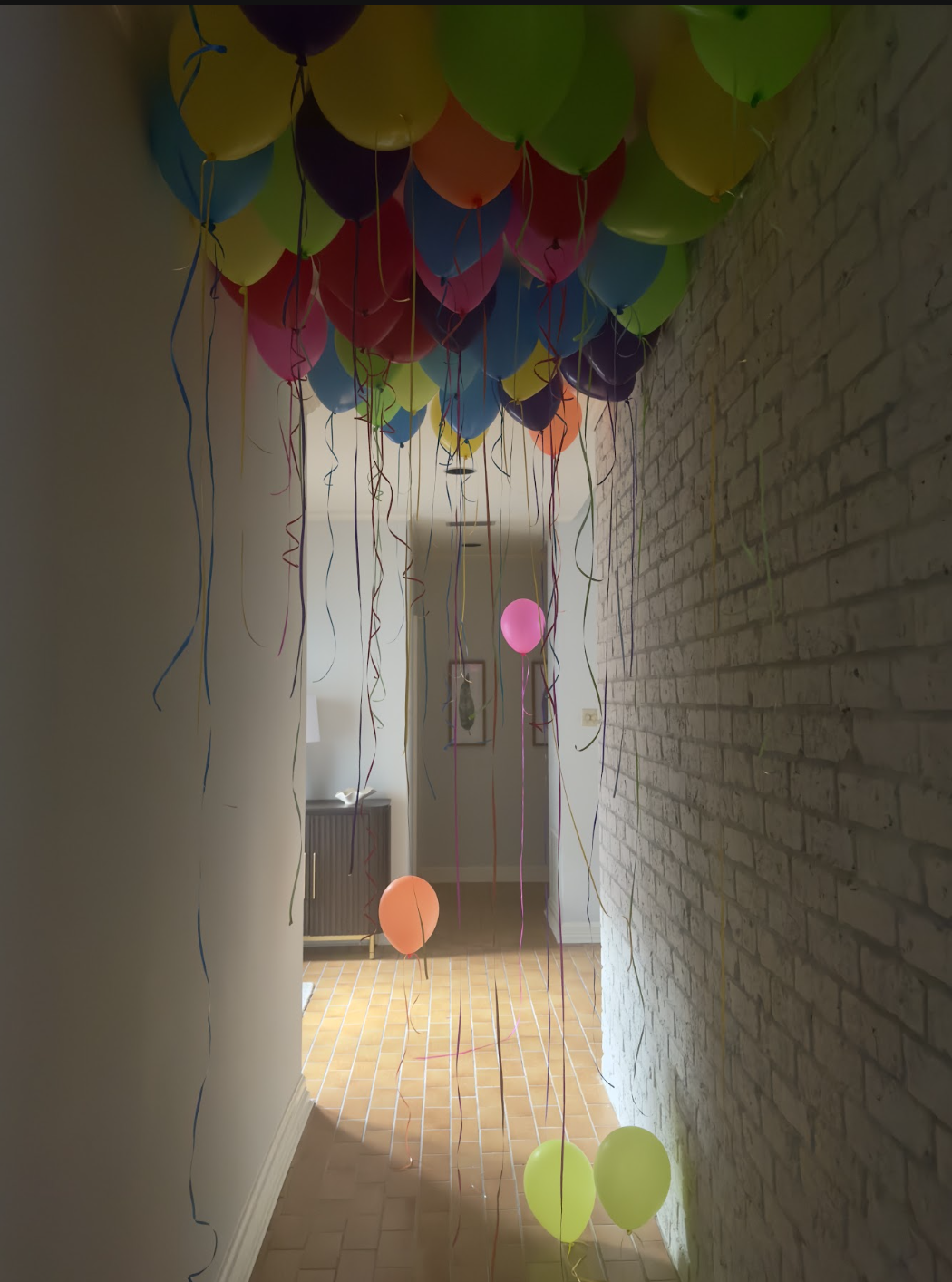 Colorful balloons with ribbons hanging from the ceiling in a hallway of a house.