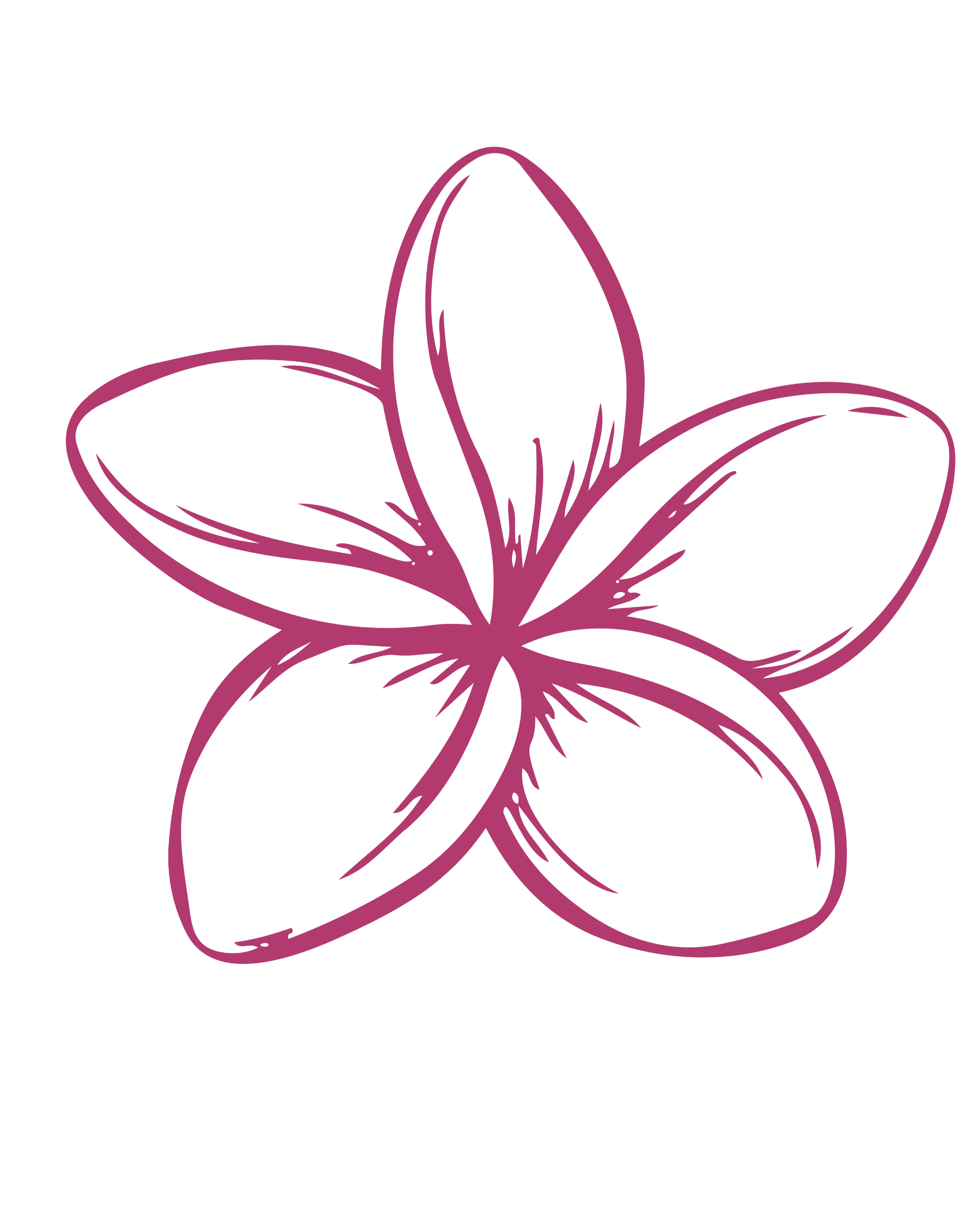 Line drawing of a flower with five petals, outlined in pink on a black background.