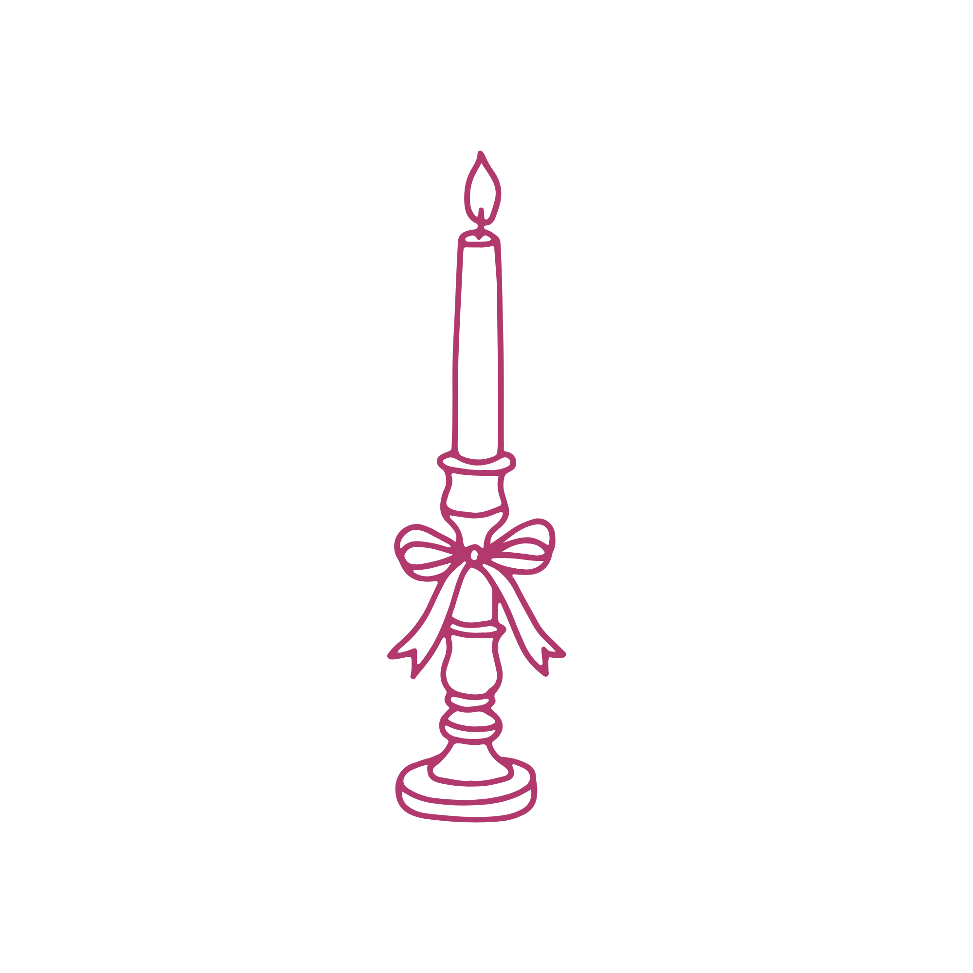 A line drawing of a candle with a flame, decorated with a ribbon tied in a bow.