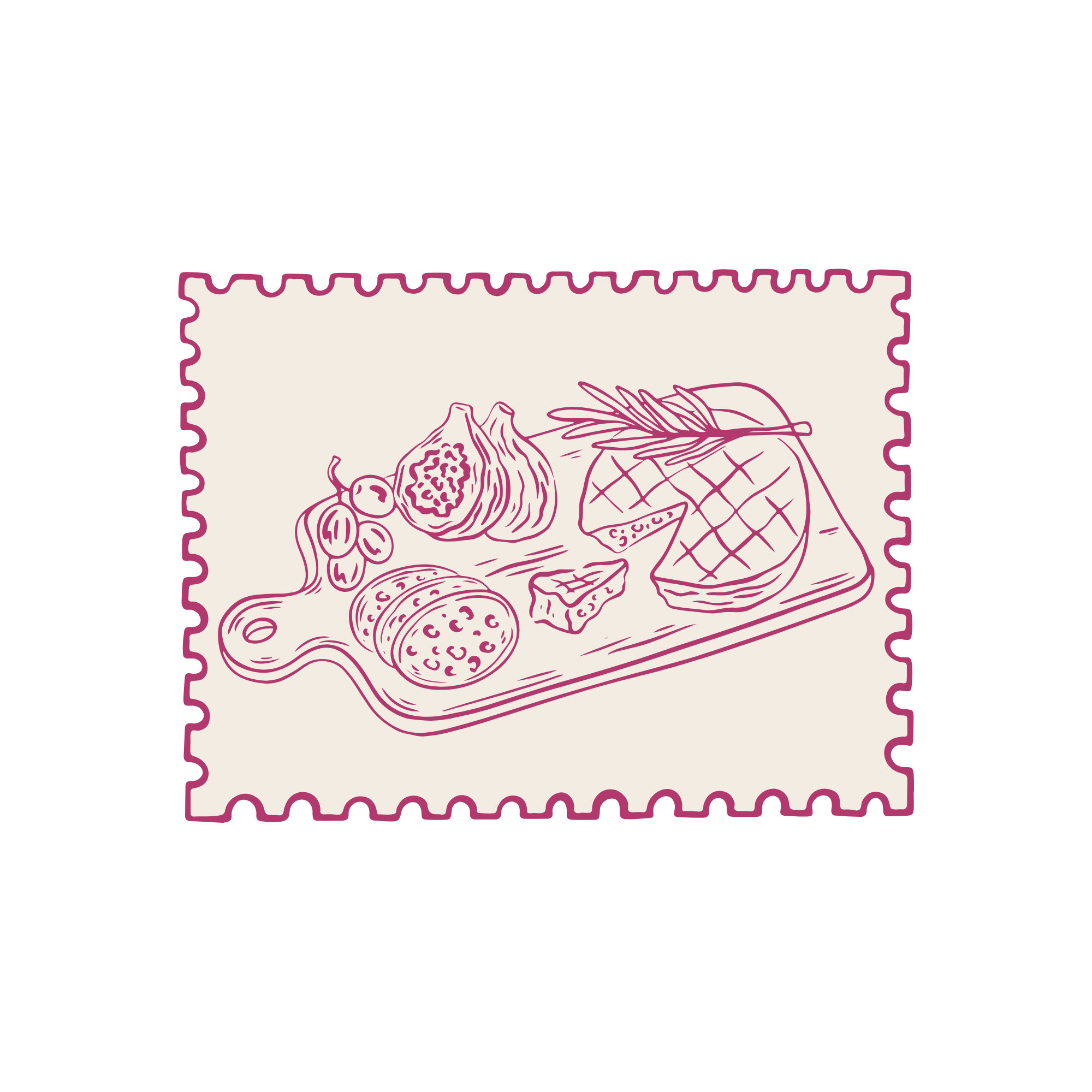 Illustration of various food items including grapes, cheese, bread, and vegetables, laid out on a plate.