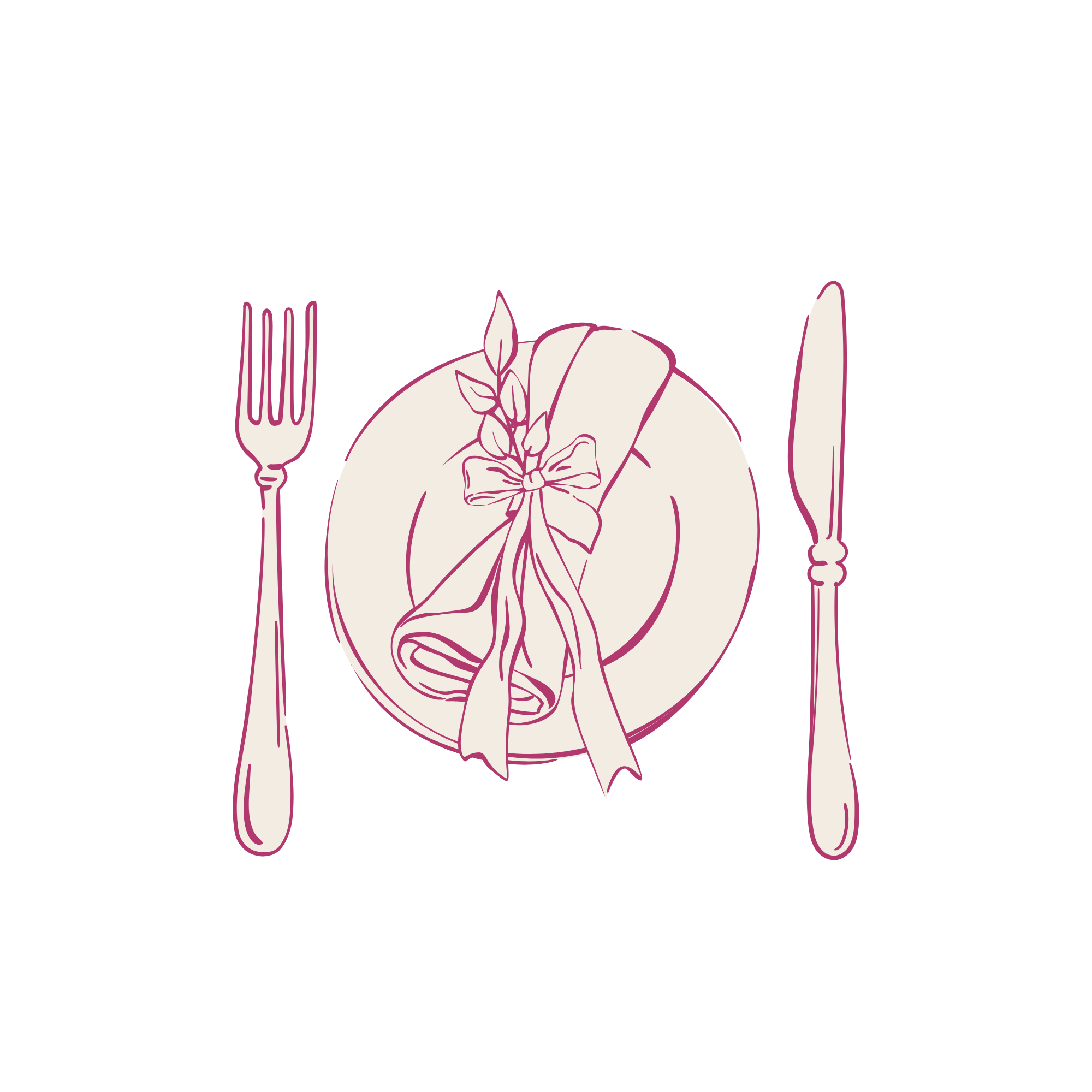 Illustration of a place setting with a fork on the left, a plate with a napkin and plant in the center, and a knife and spoon on the right.