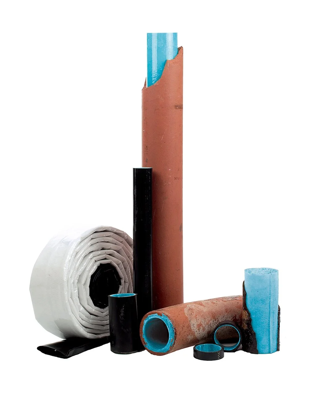 A collection of various pipes and fittings, including a large rolled insulation, a brown pipe, black pipes, and blue foam insulation pieces, arranged on a white background.
