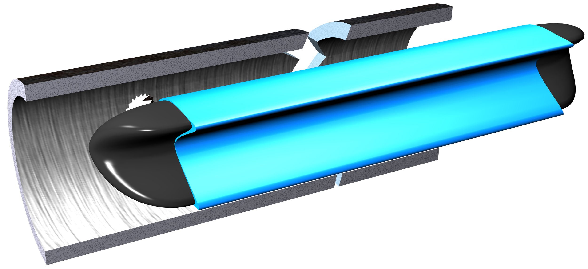 Cross-sectional diagram of nuflow technology to reline a pipe with colored layers showing internal parts.
