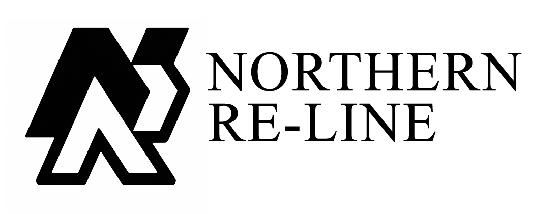 A black and white logo featuring stylized letters and an artful design, with the left side showing an interconnected lines symbol and the right side displaying the text 'Northern Re-Line'.