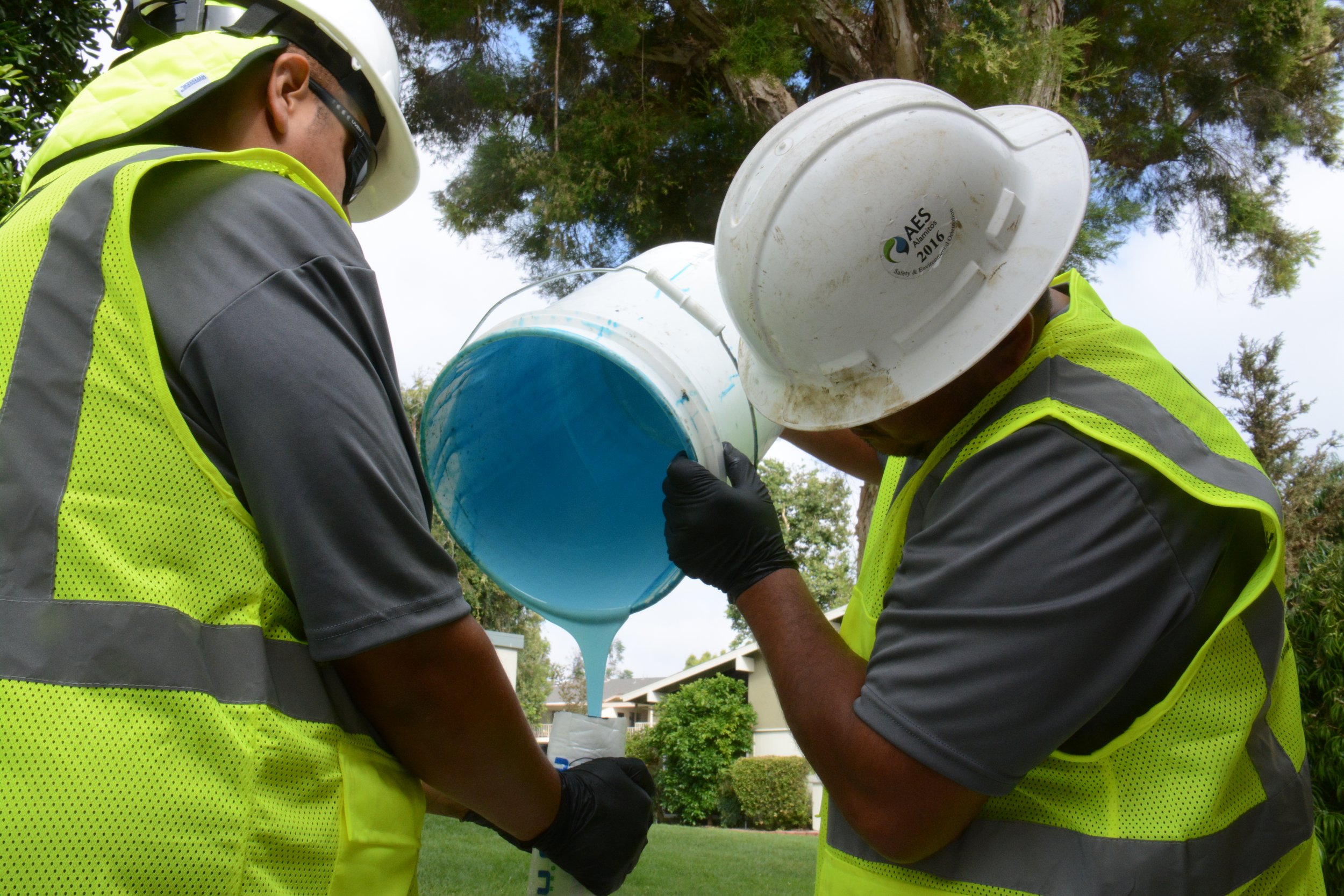 Two workers wearing yellow safety vests and white helmets pour blue liquid from a bucket outdoors, with trees in the background.