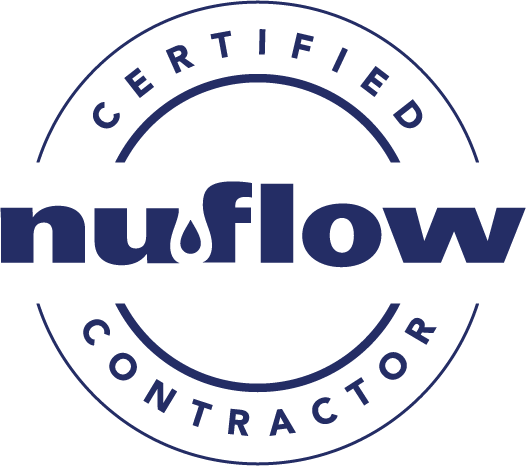 Certified nuflow contractor seal in blue with circular text.