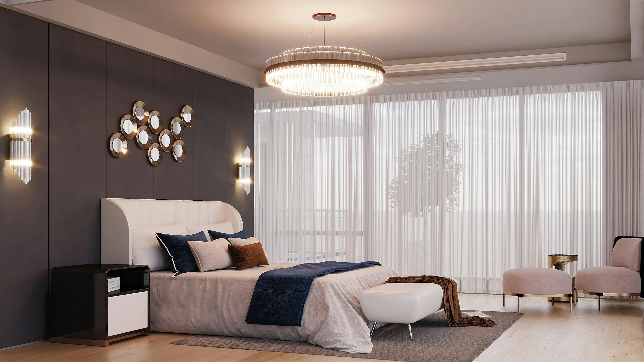 Luxury hotel suite in navy and ivory