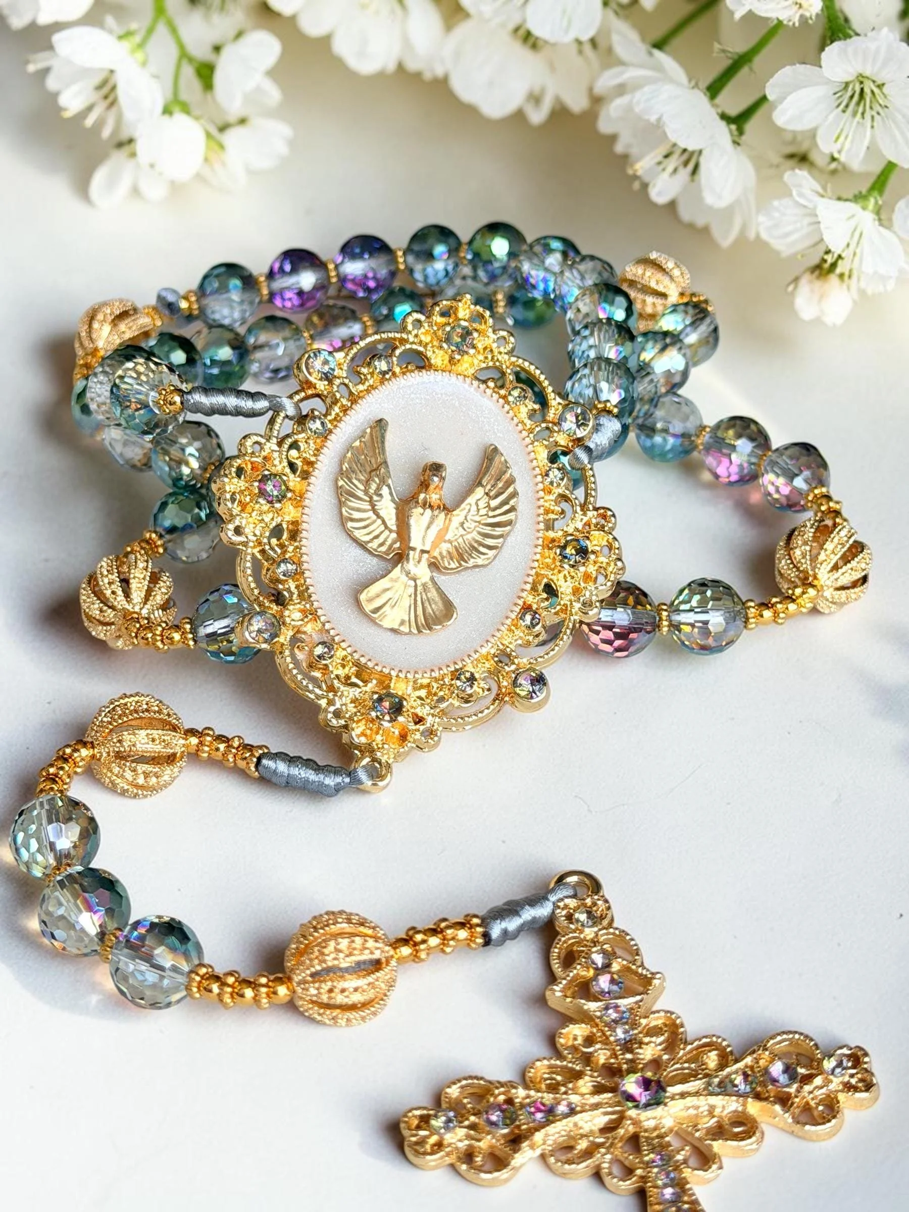 3D Holy Spirit Rosary | Mystic Crystal Gold Filigree Catholic Gift