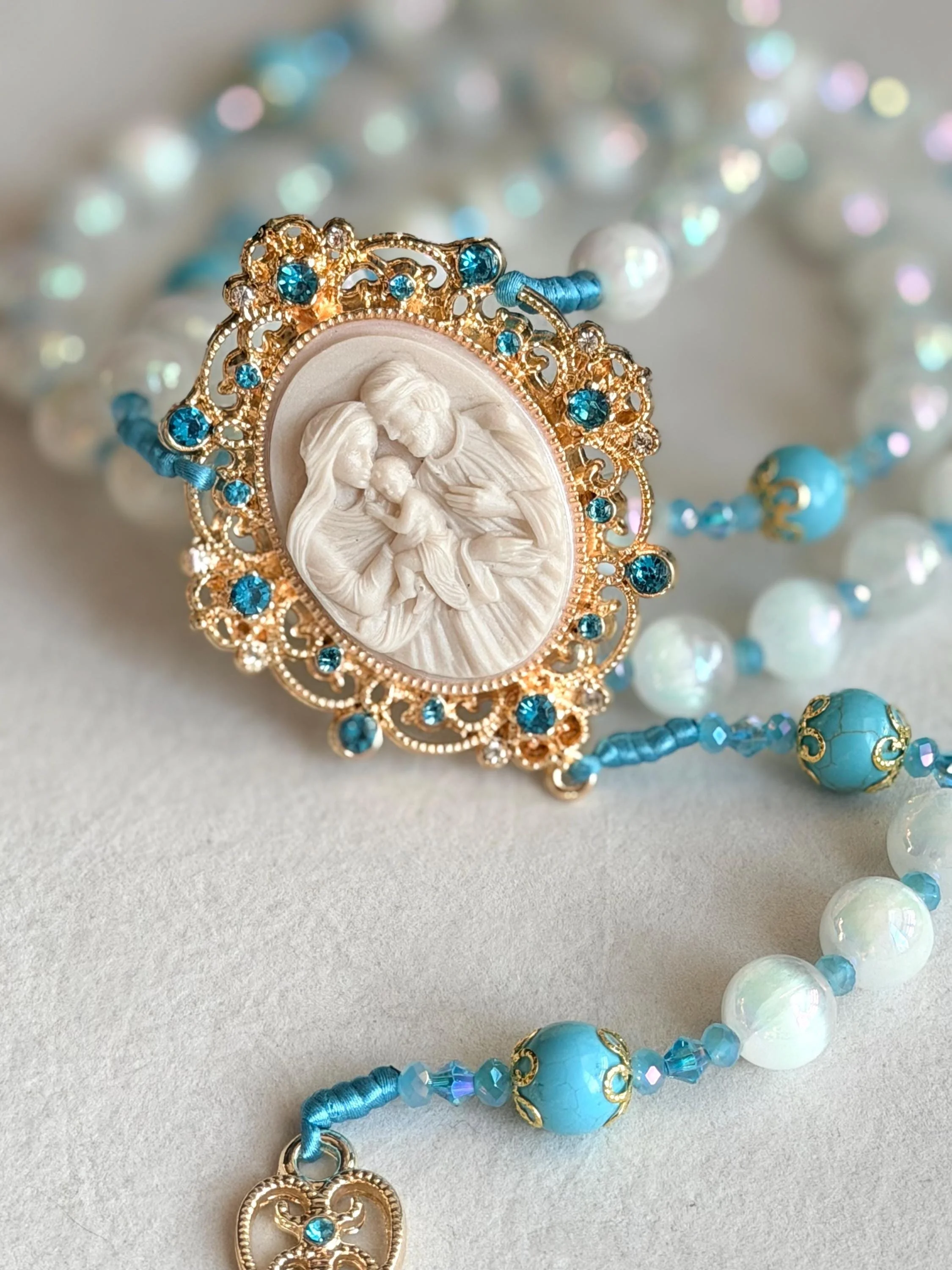 Handmade Selenite Rosary - Amethyst/Turquoise Gold Virgin Mary Centerpiece