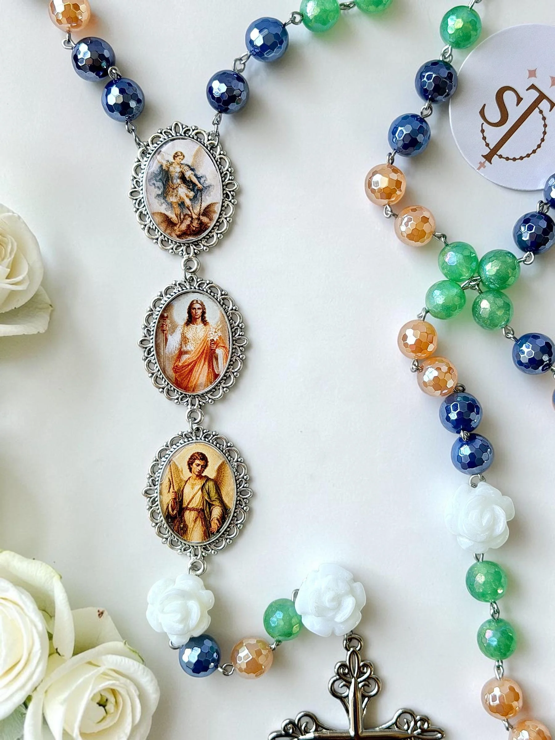 Archangel Michael Gabriel Raphael Rosary | Agate Aventurine Jade Roses Catholic Protection
