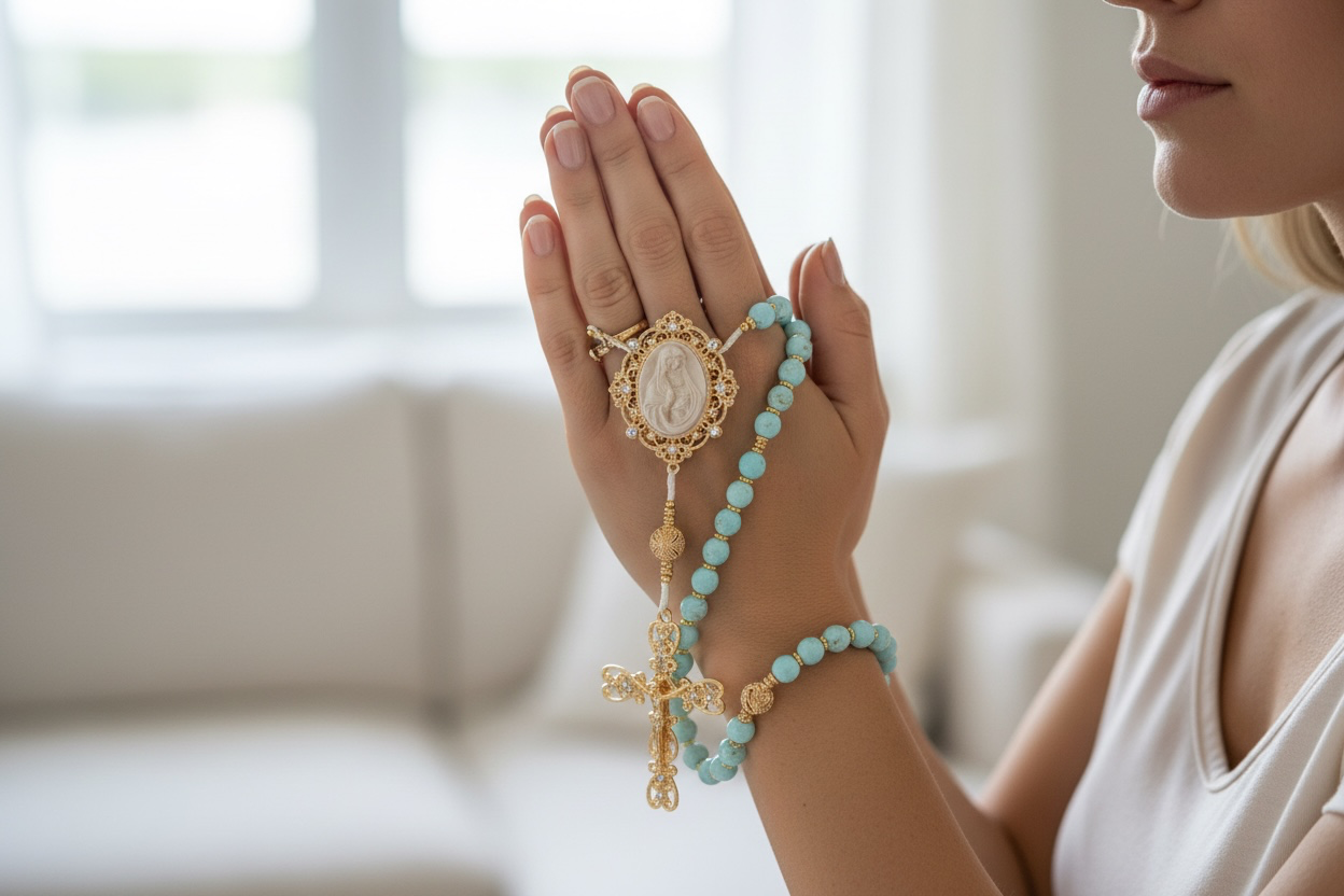 Person holding hands together with a rosary and a saint pendant necklace, eyes closed, in a prayerful pose.