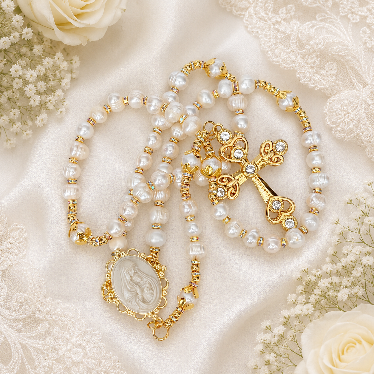 A collection of pearl and gold jewelry including a necklace with a religious medallion, a rosary, and a bracelet with a cross, arranged on a silky fabric with lace and white flowers.