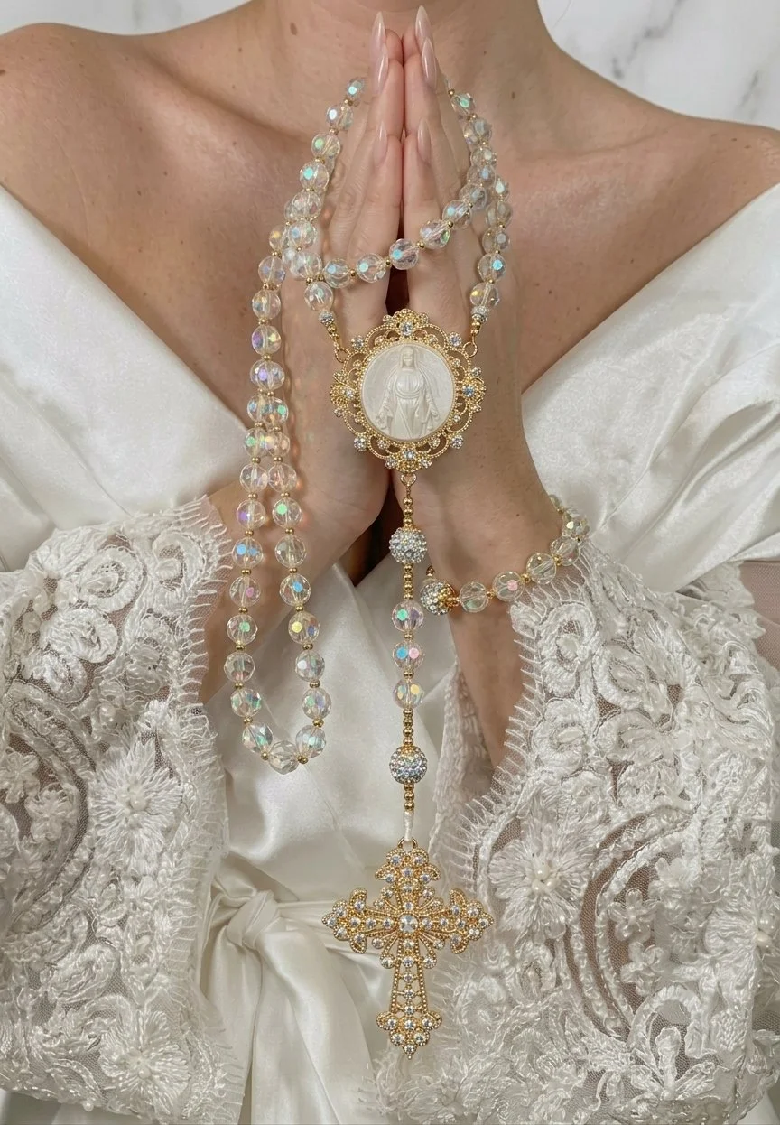 A person holding prayer beads with a religious medallion and cross, dressed in a white embroidered garment, with hands pressed together in prayer.